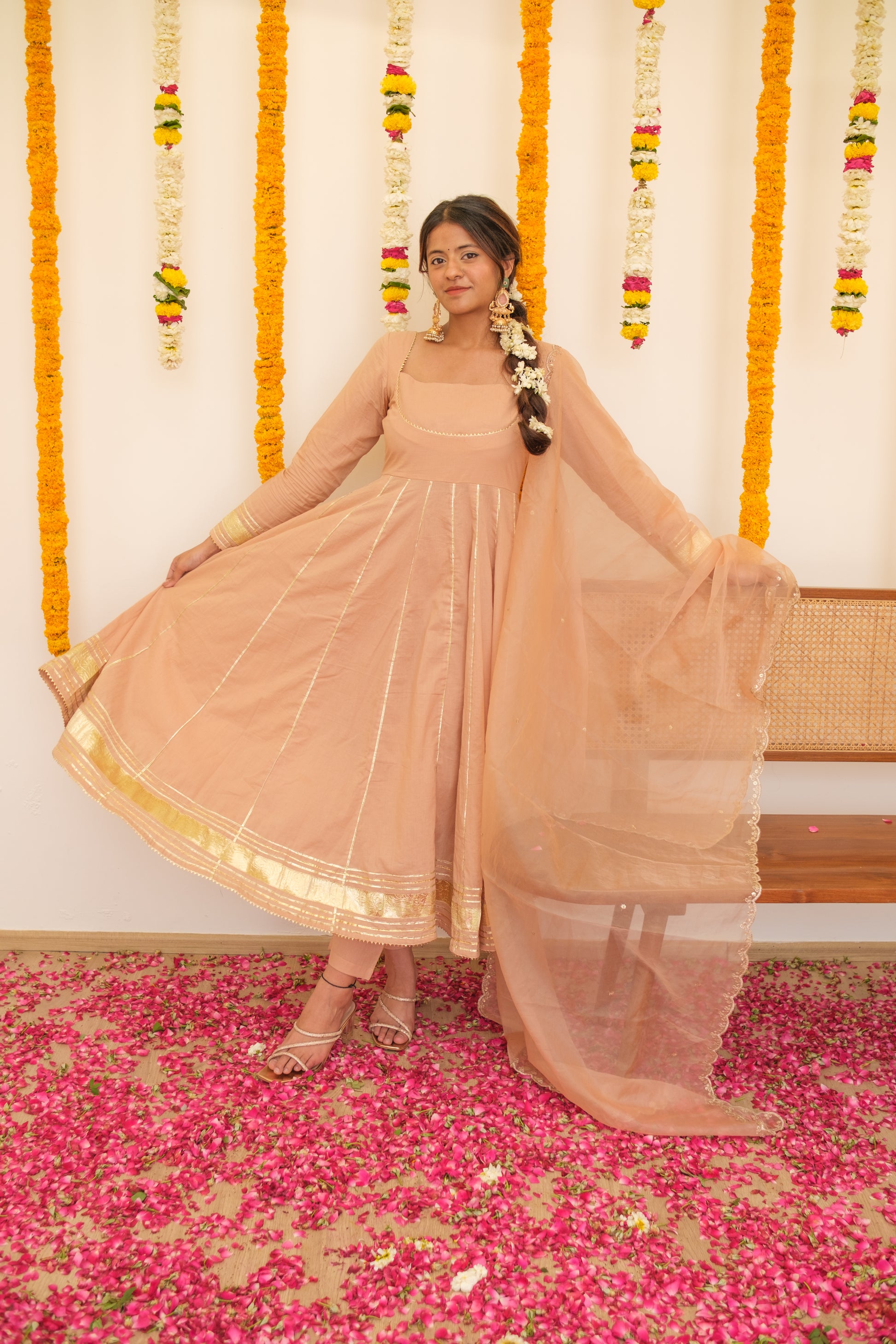 GHOOMAR Jaipuri Pink Anarkali Set