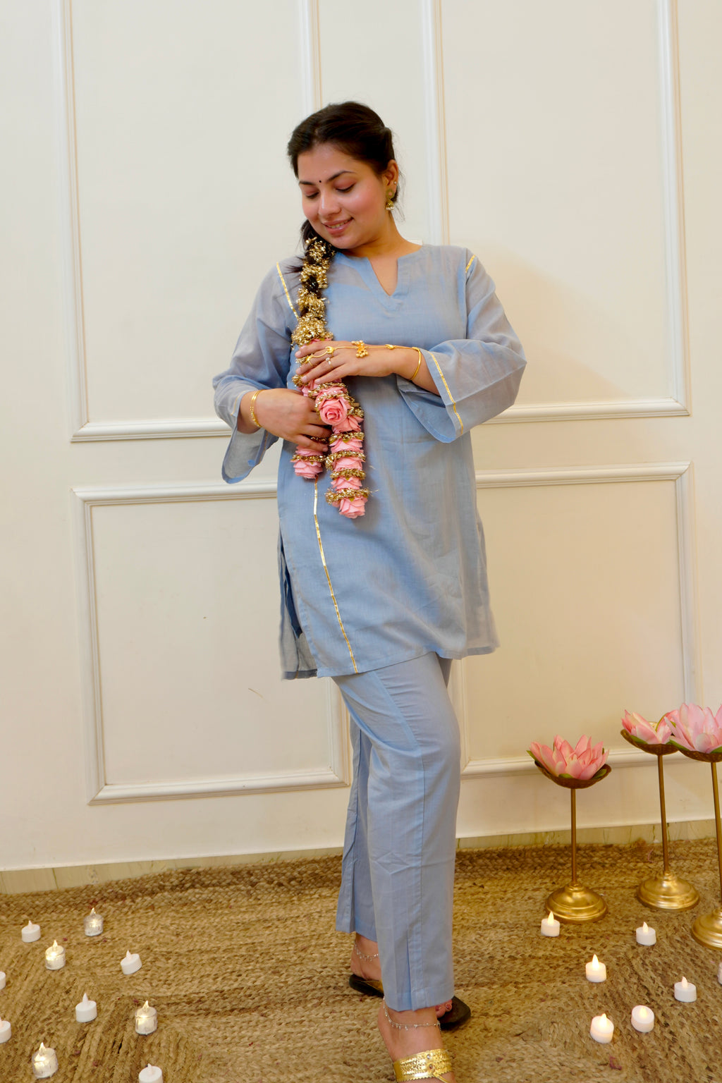 Moomal blue Mul Cotton 4-Piece Kurta Set with Dupatta
