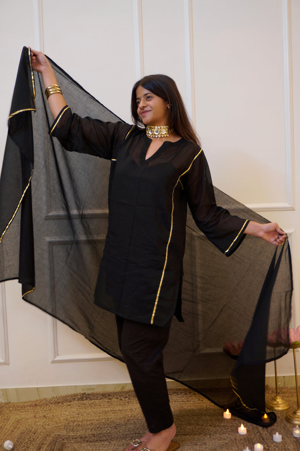 Moomal black Mul Cotton 4-Piece Kurta Set with Dupatta