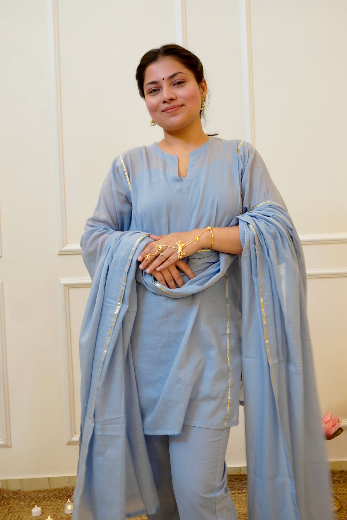 Moomal blue Mul Cotton 4-Piece Kurta Set with Dupatta