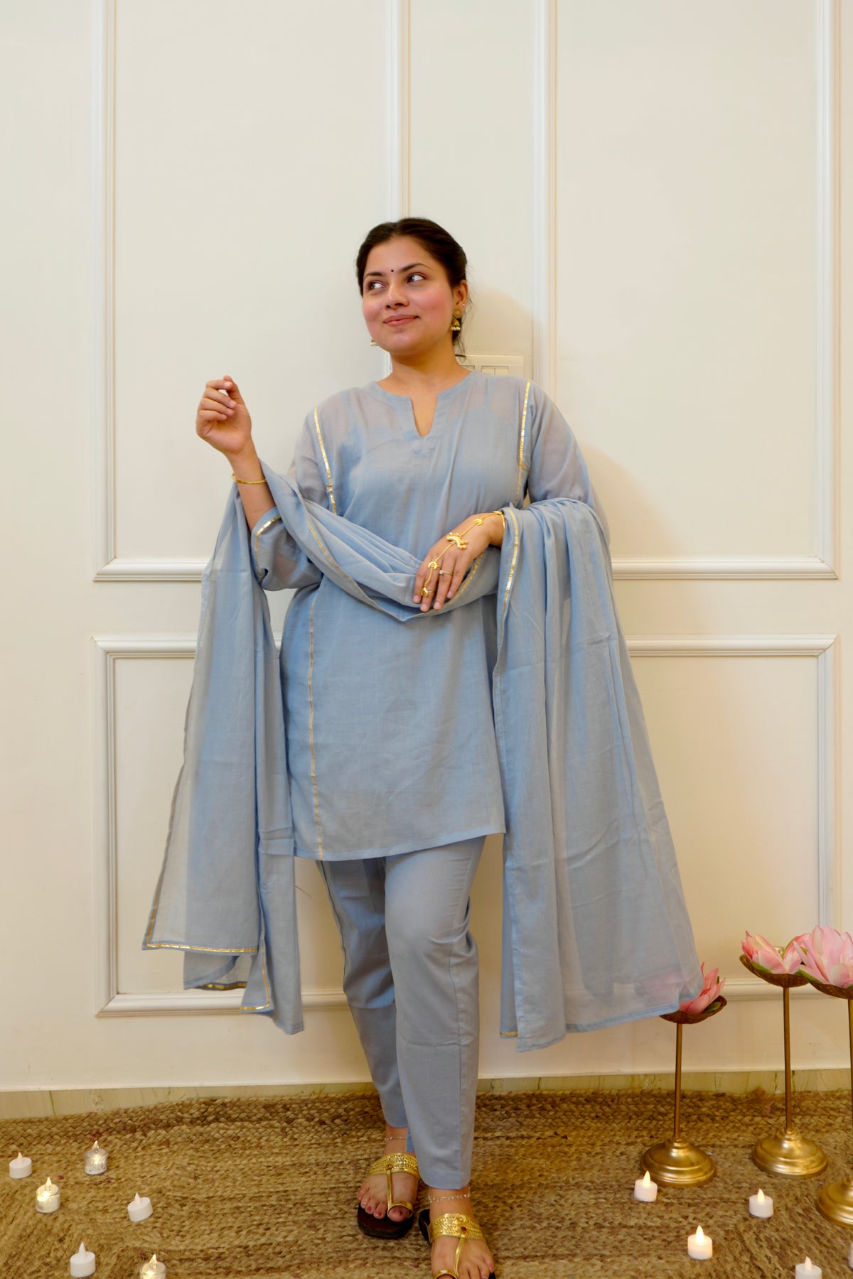 Moomal blue Mul Cotton 4-Piece Kurta Set with Dupatta