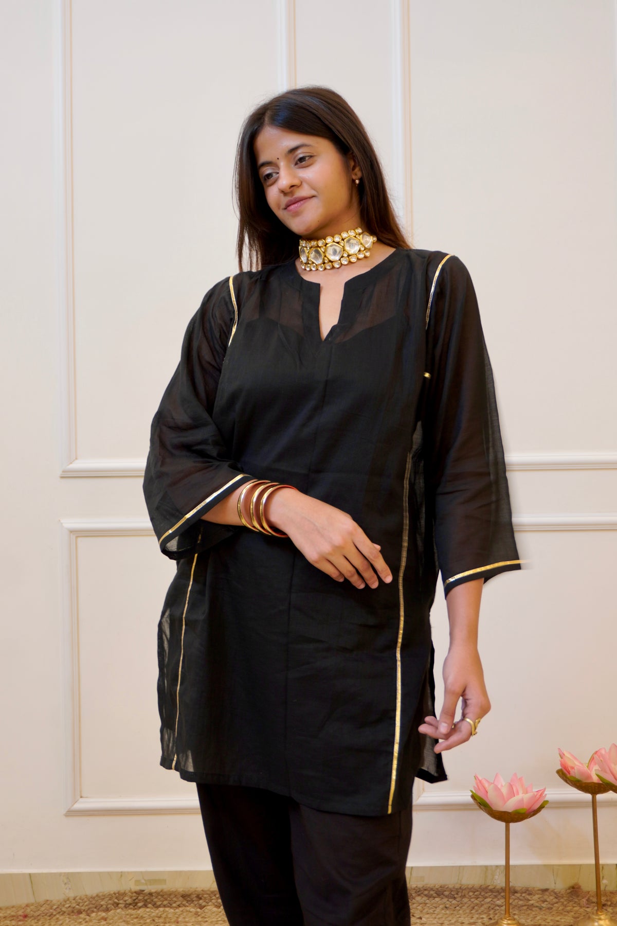 Moomal black Mul Cotton 4-Piece Kurta Set with Dupatta
