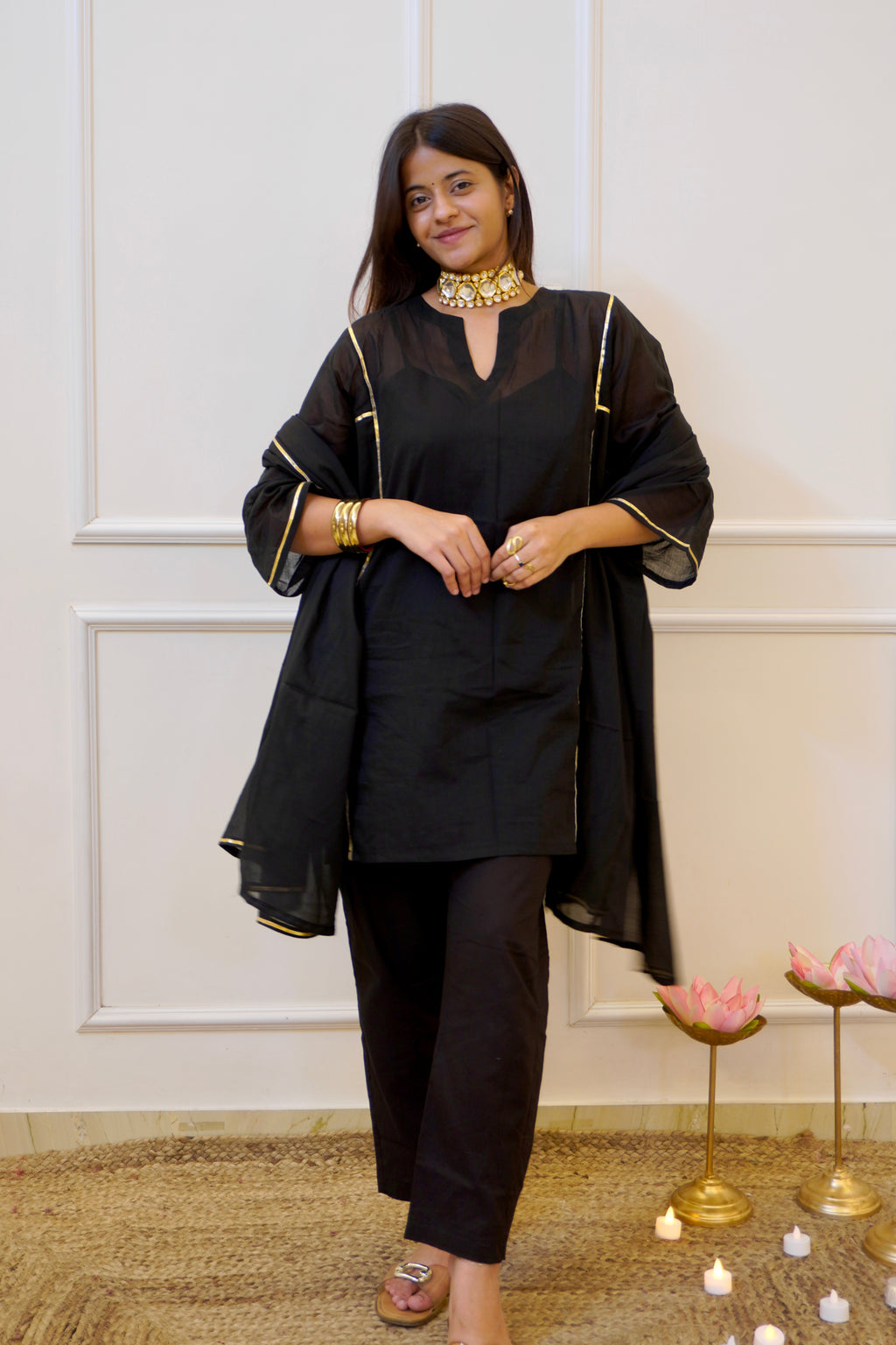 Moomal black Mul Cotton 4-Piece Kurta Set with Dupatta
