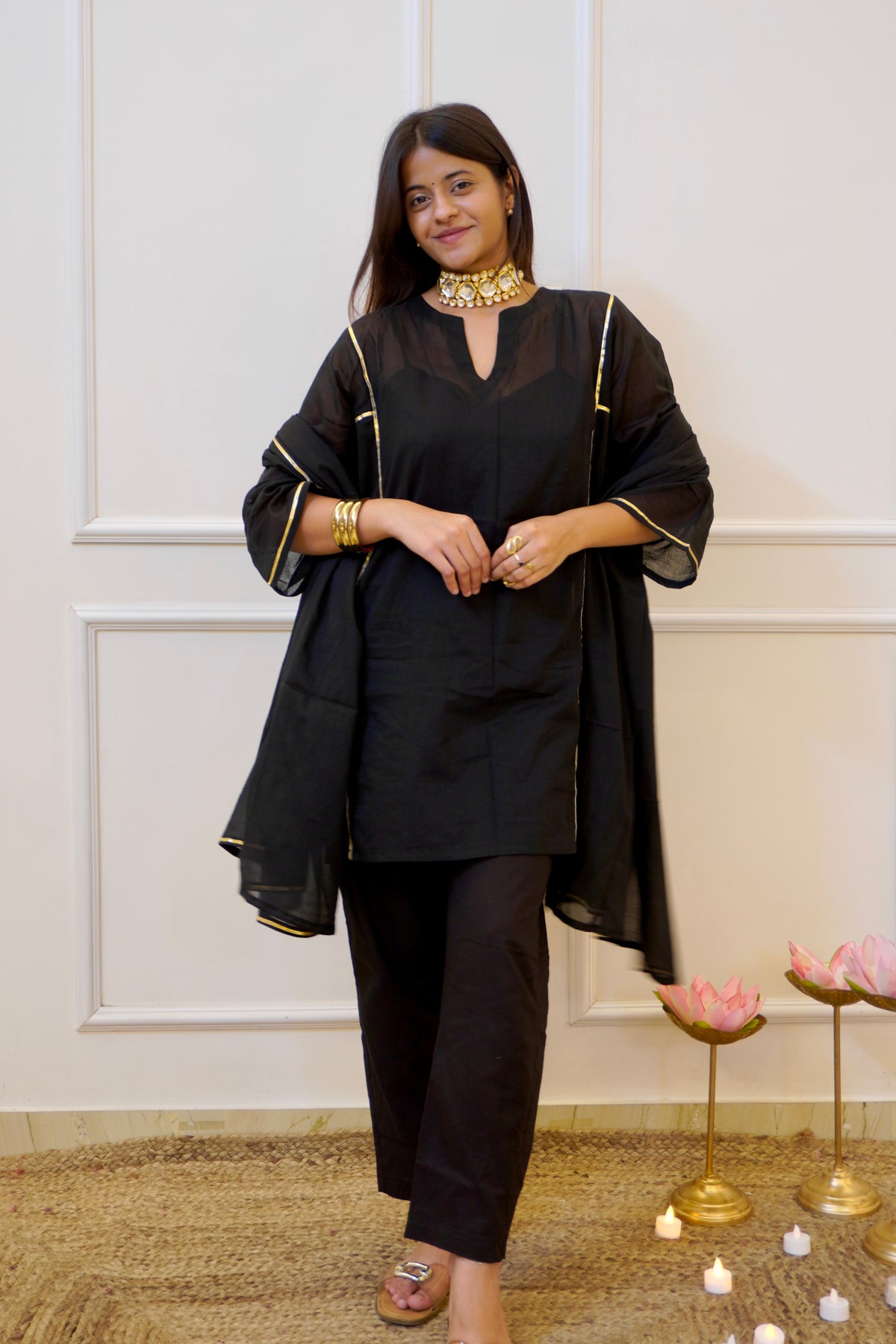 Moomal black Mul Cotton 4-Piece Kurta Set with Dupatta