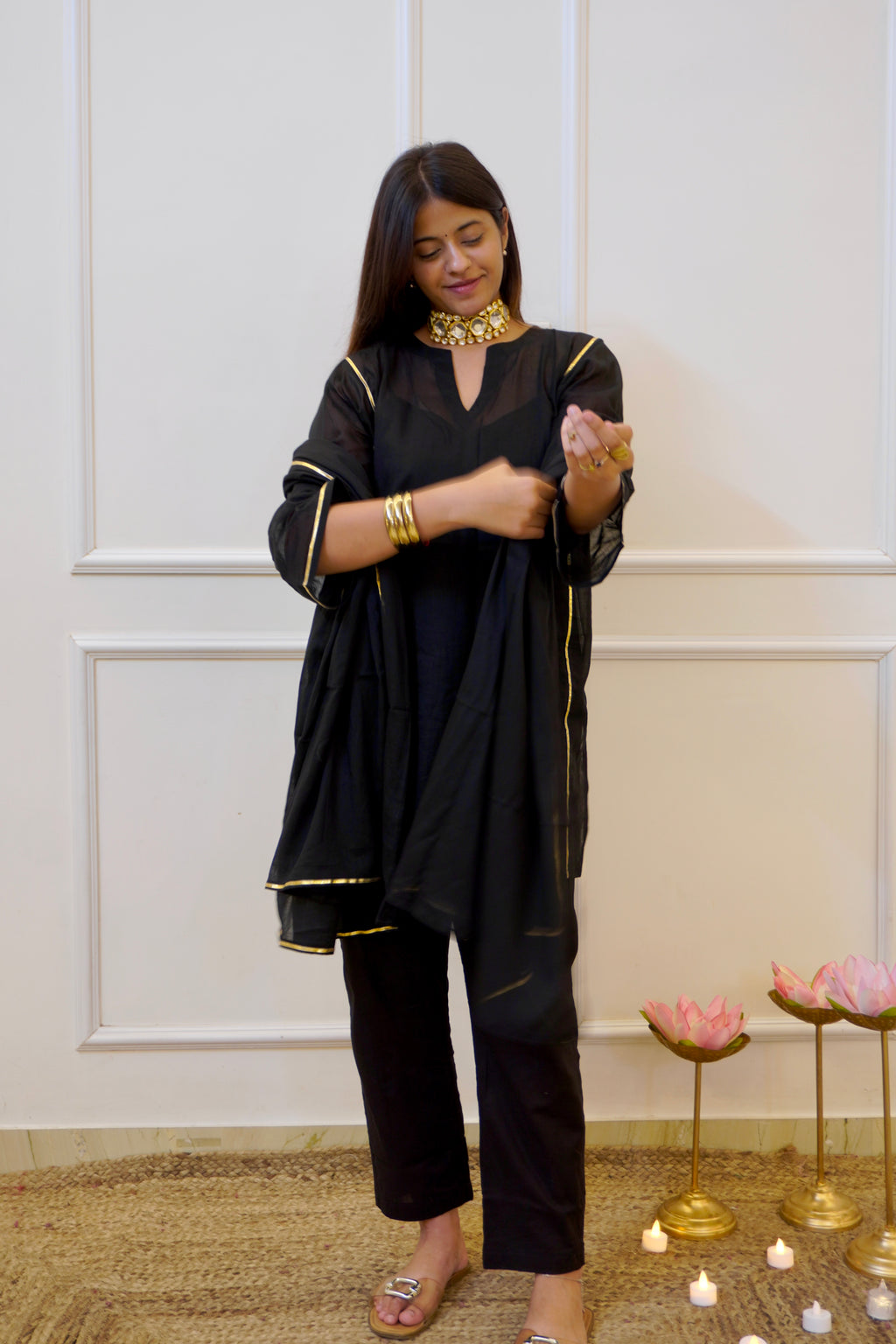 Moomal black Mul Cotton 4-Piece Kurta Set with Dupatta