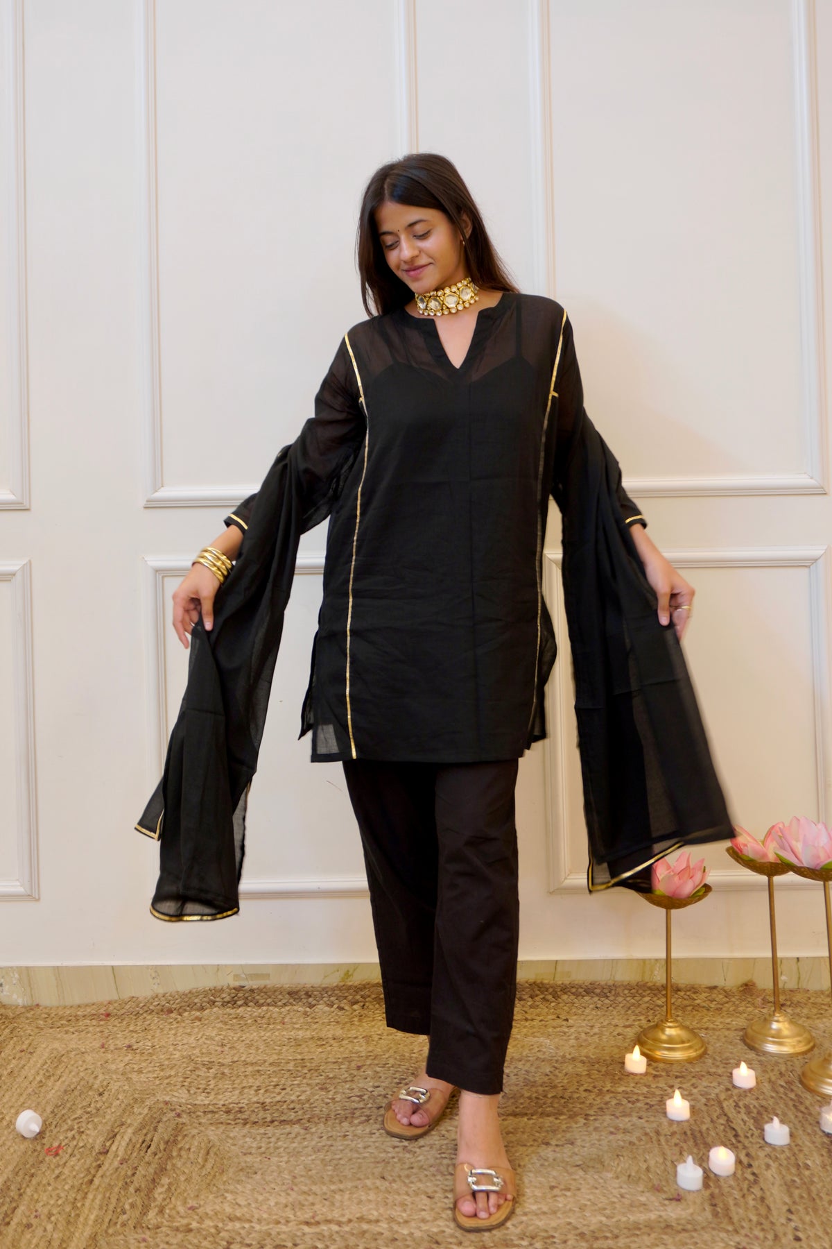 Moomal black Mul Cotton 4-Piece Kurta Set with Dupatta
