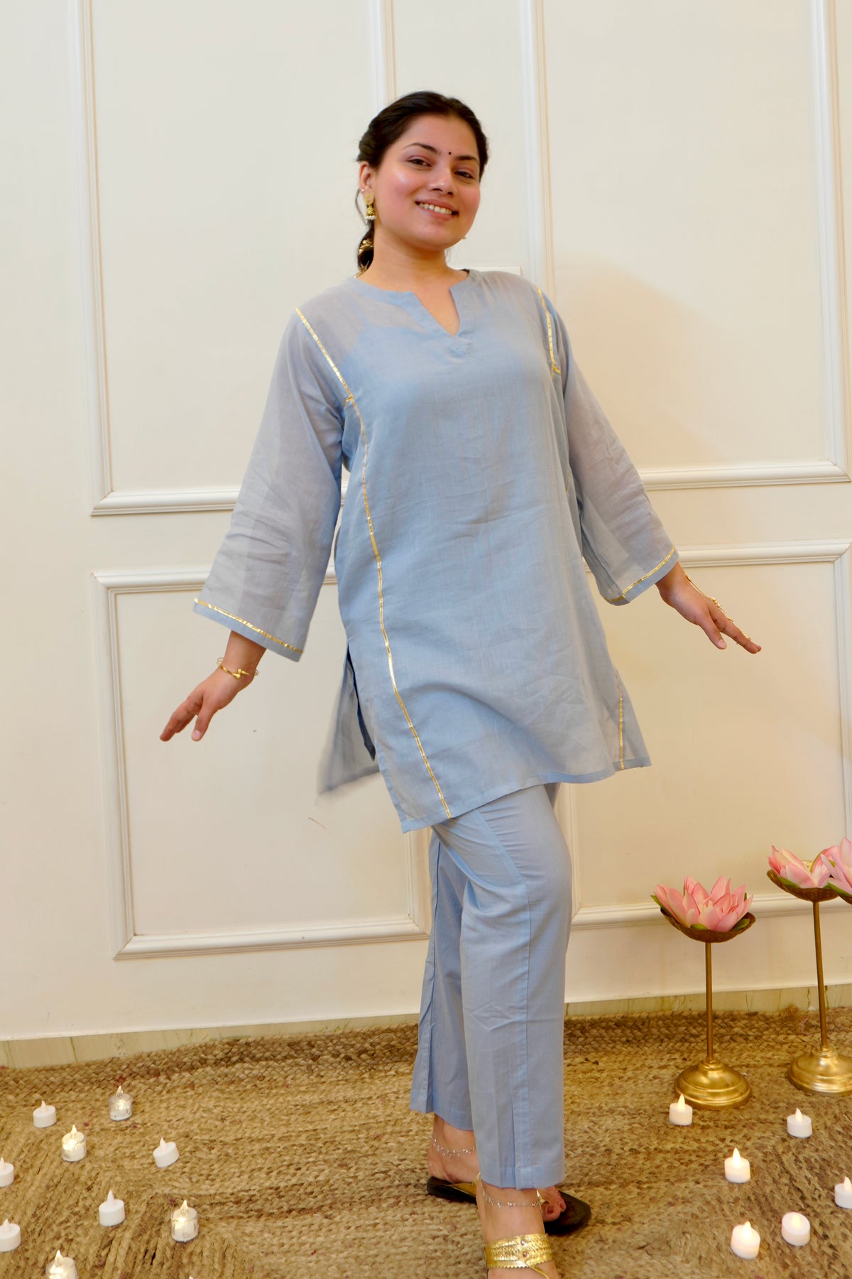 Moomal blue Mul Cotton 4-Piece Kurta Set with Dupatta