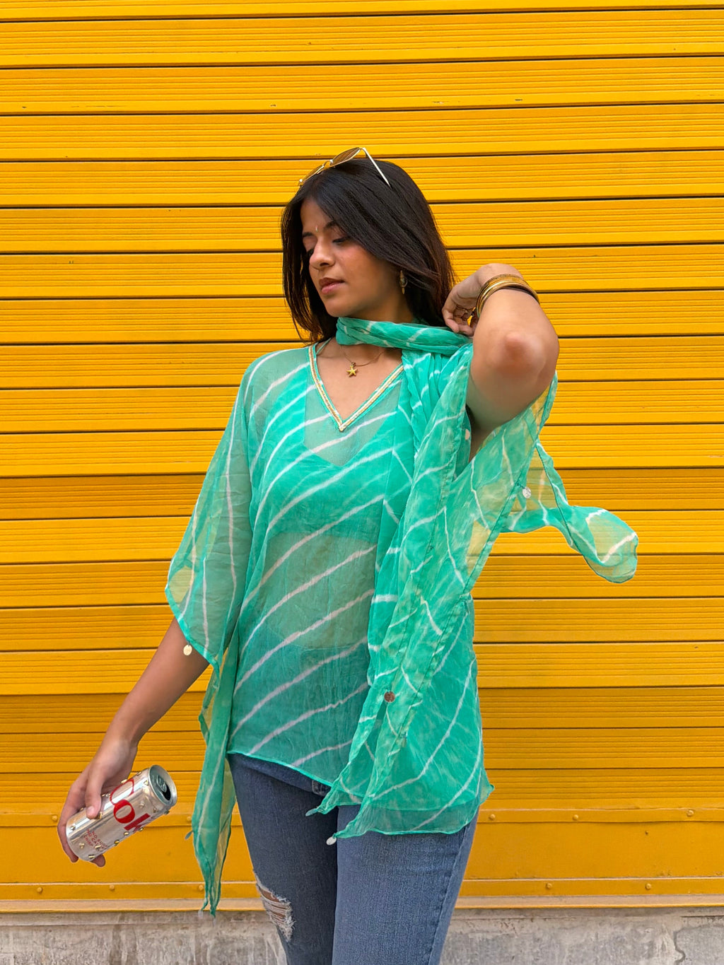 It Girl Leher Kaftan Kurti Set with Scarf