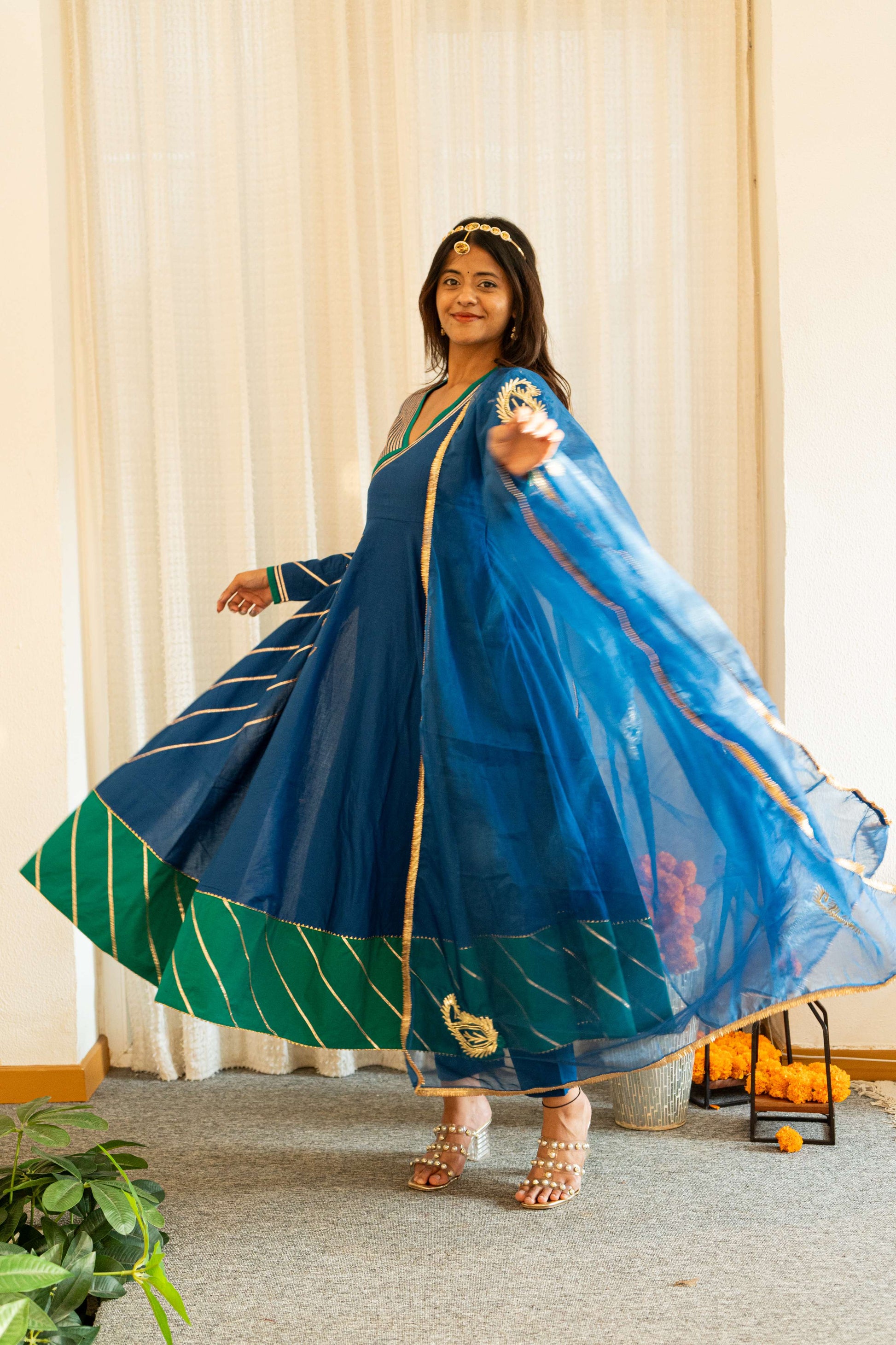 AHILYA Blue and Green Side Slit Anarkali Set