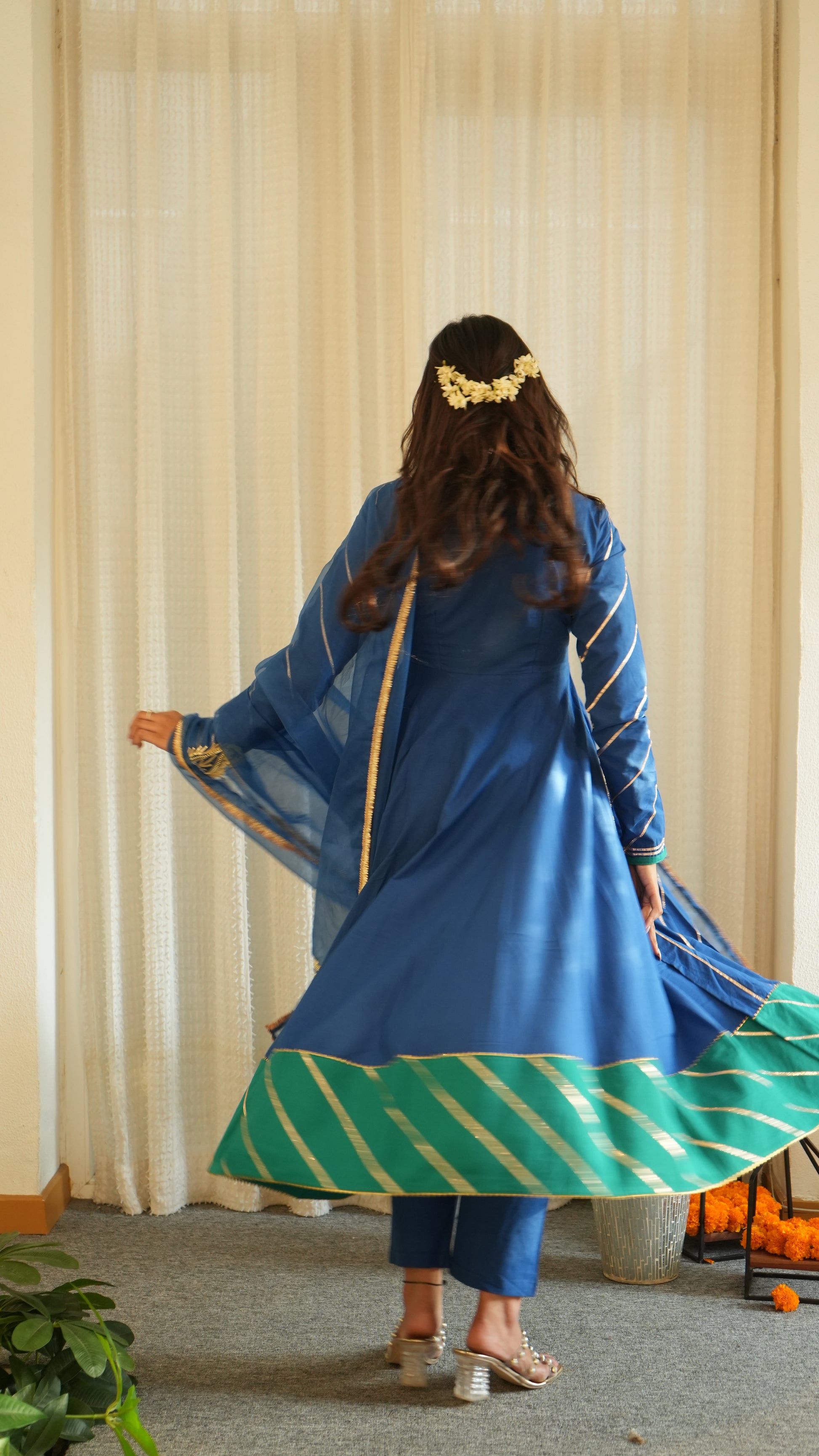 AHILYA Blue and Green Side Slit Anarkali Set