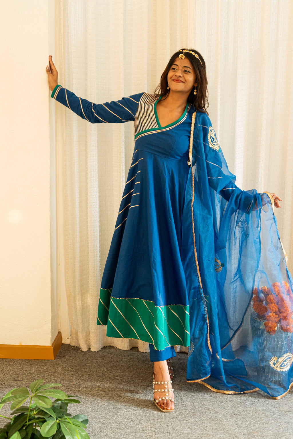 AHILYA Blue and Green Side Slit Anarkali Set