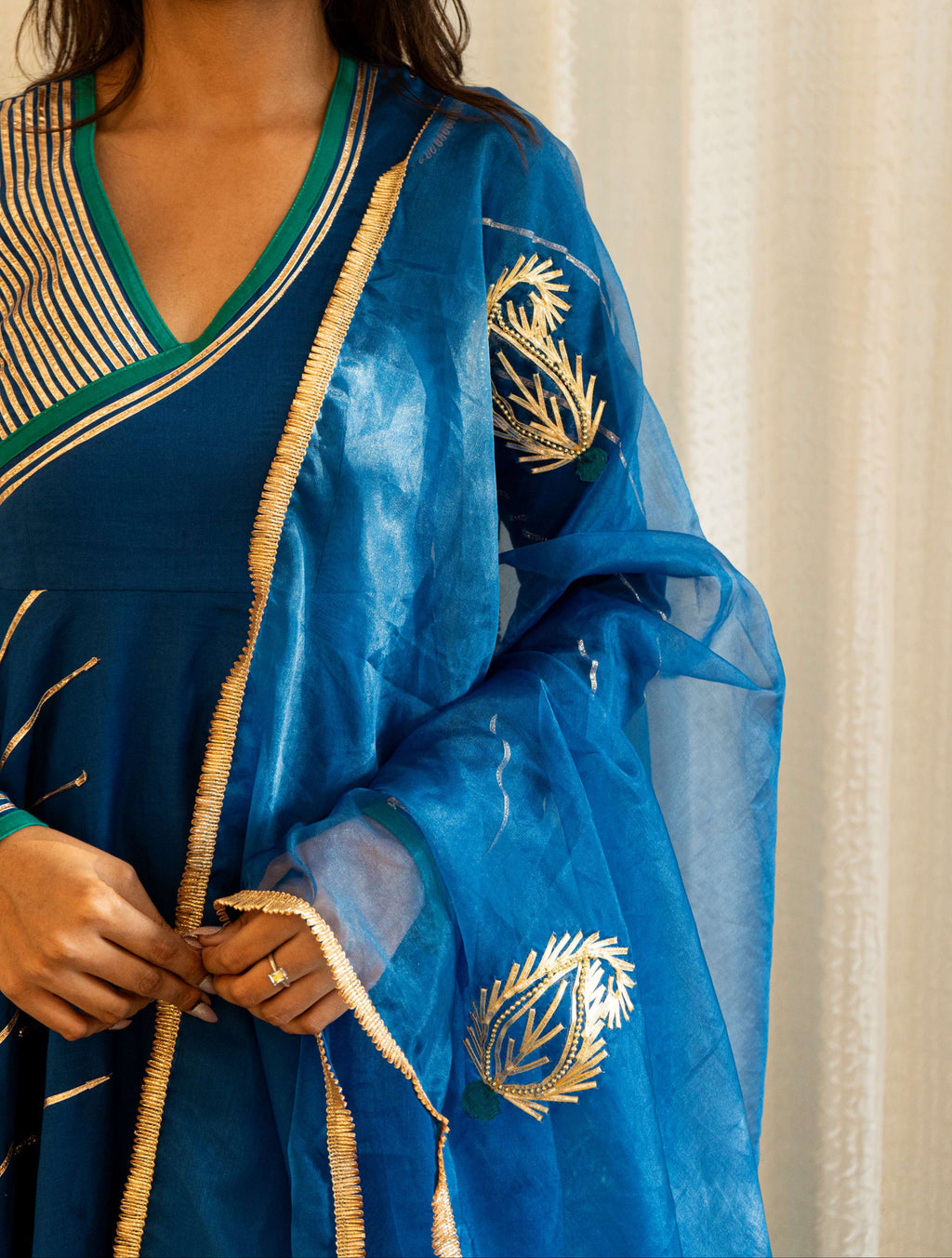 AHILYA Blue and Green Side Slit Anarkali Set