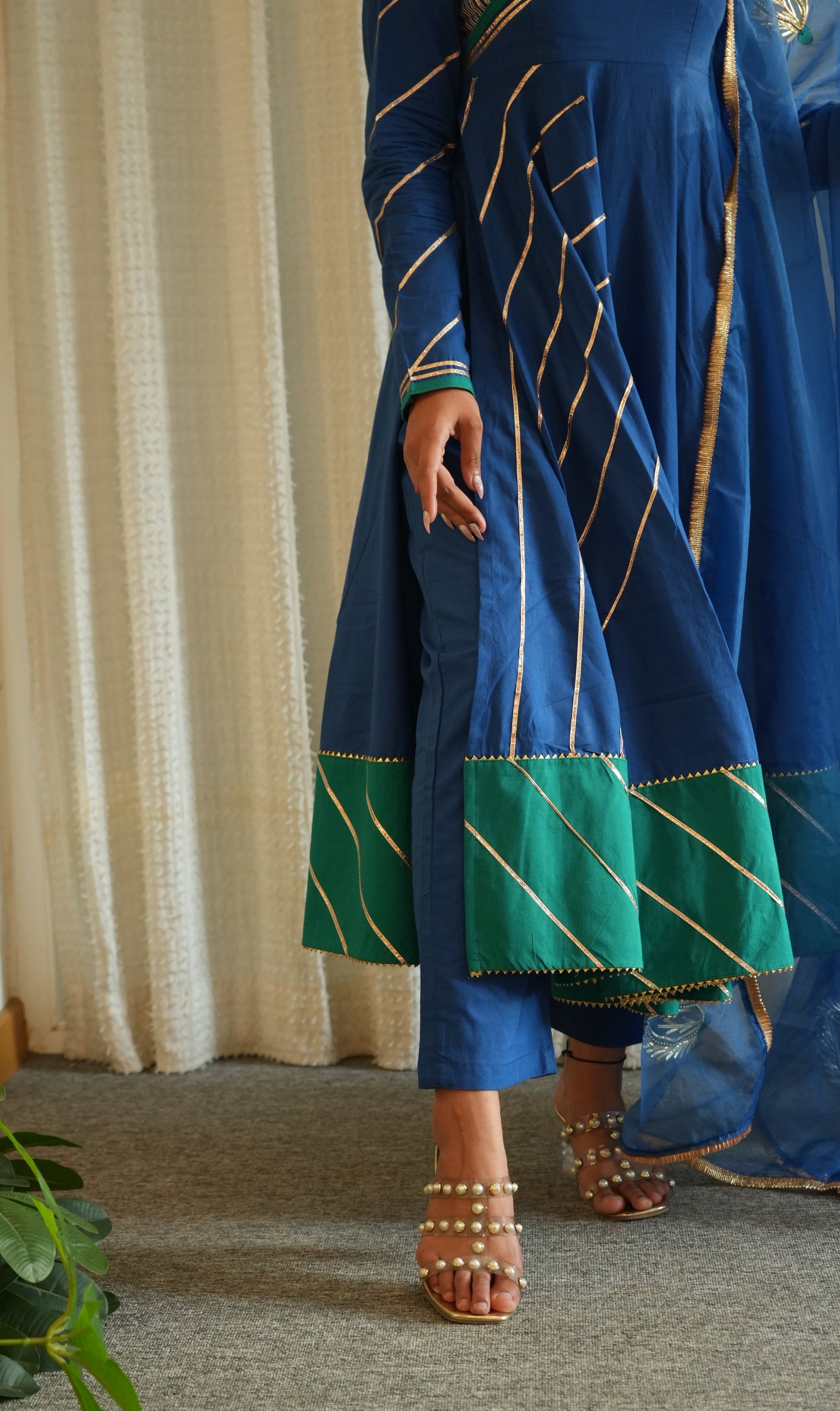 AHILYA Blue and Green Side Slit Anarkali Set