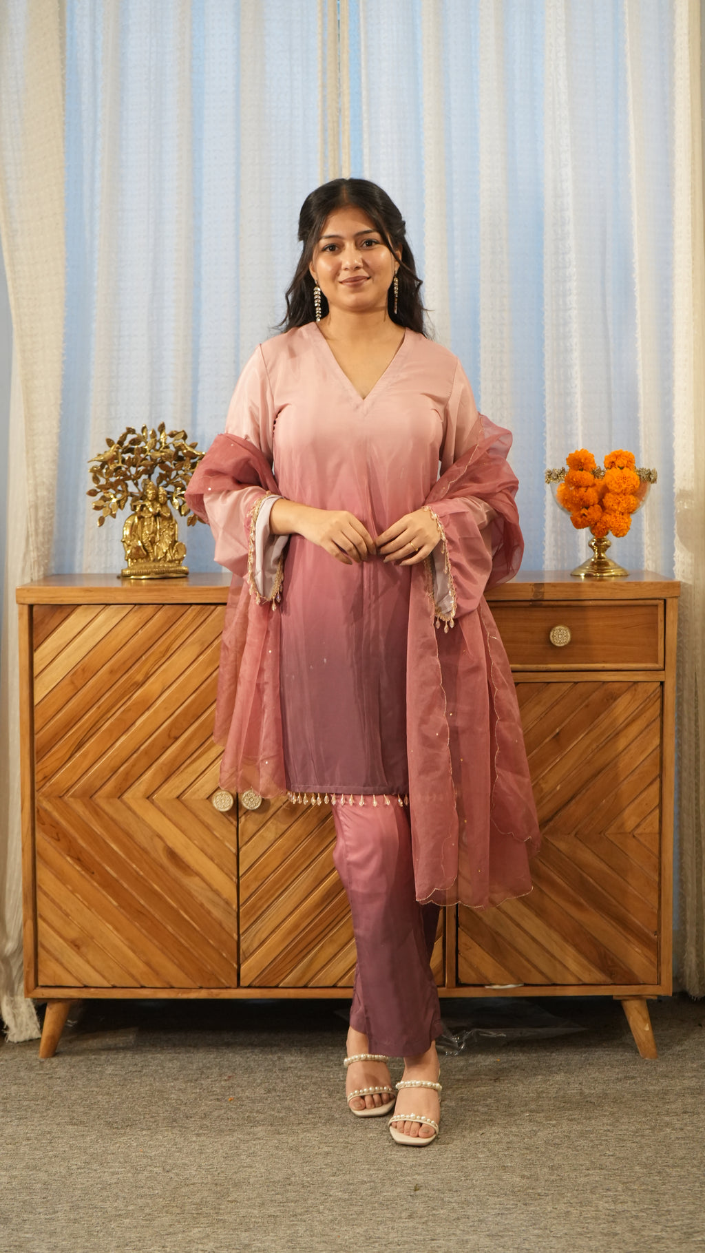 AMBRAI Pink Ombre Straight Kurta Set