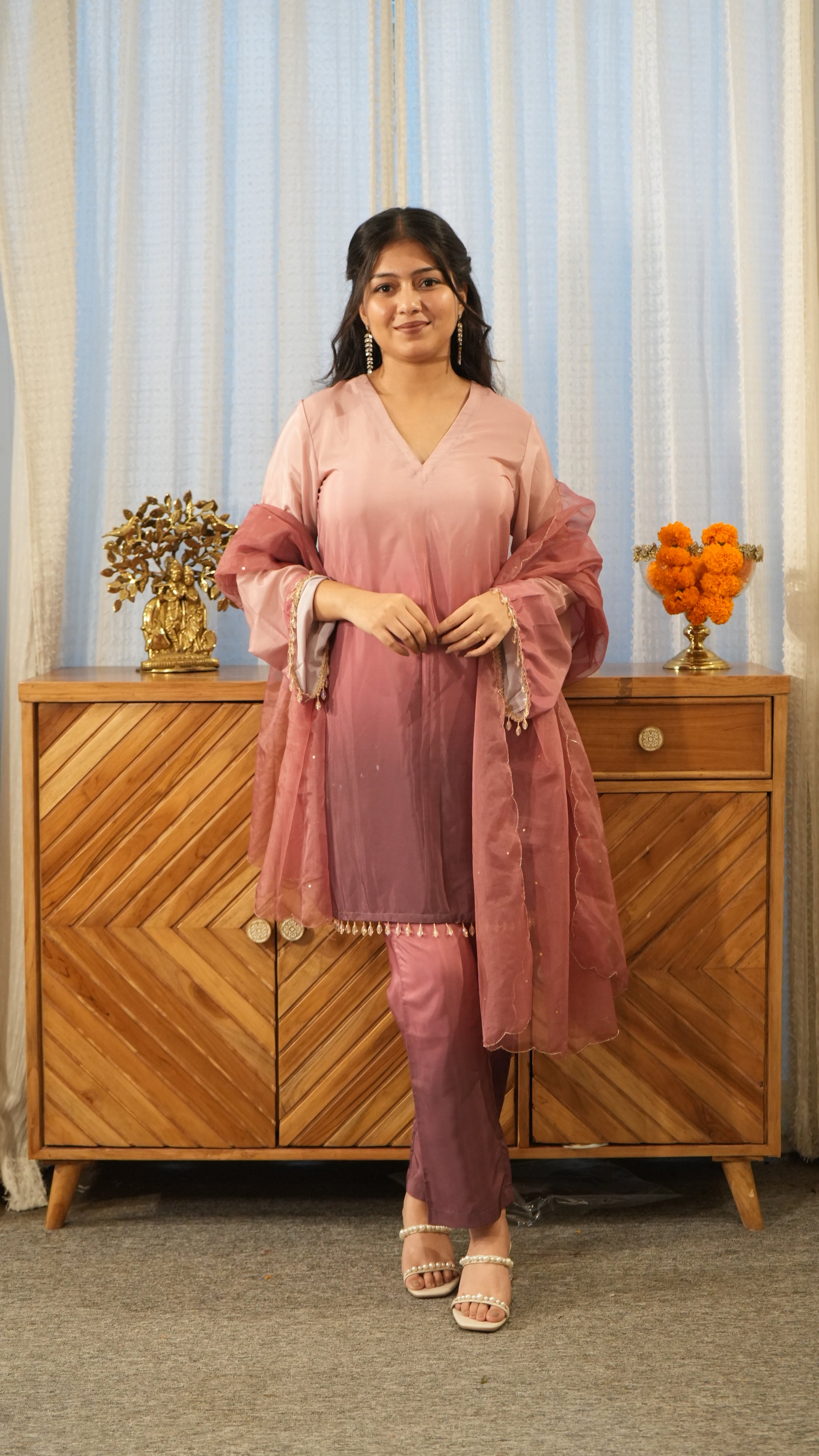 AMBRAI Pink Ombre Straight Kurta Set
