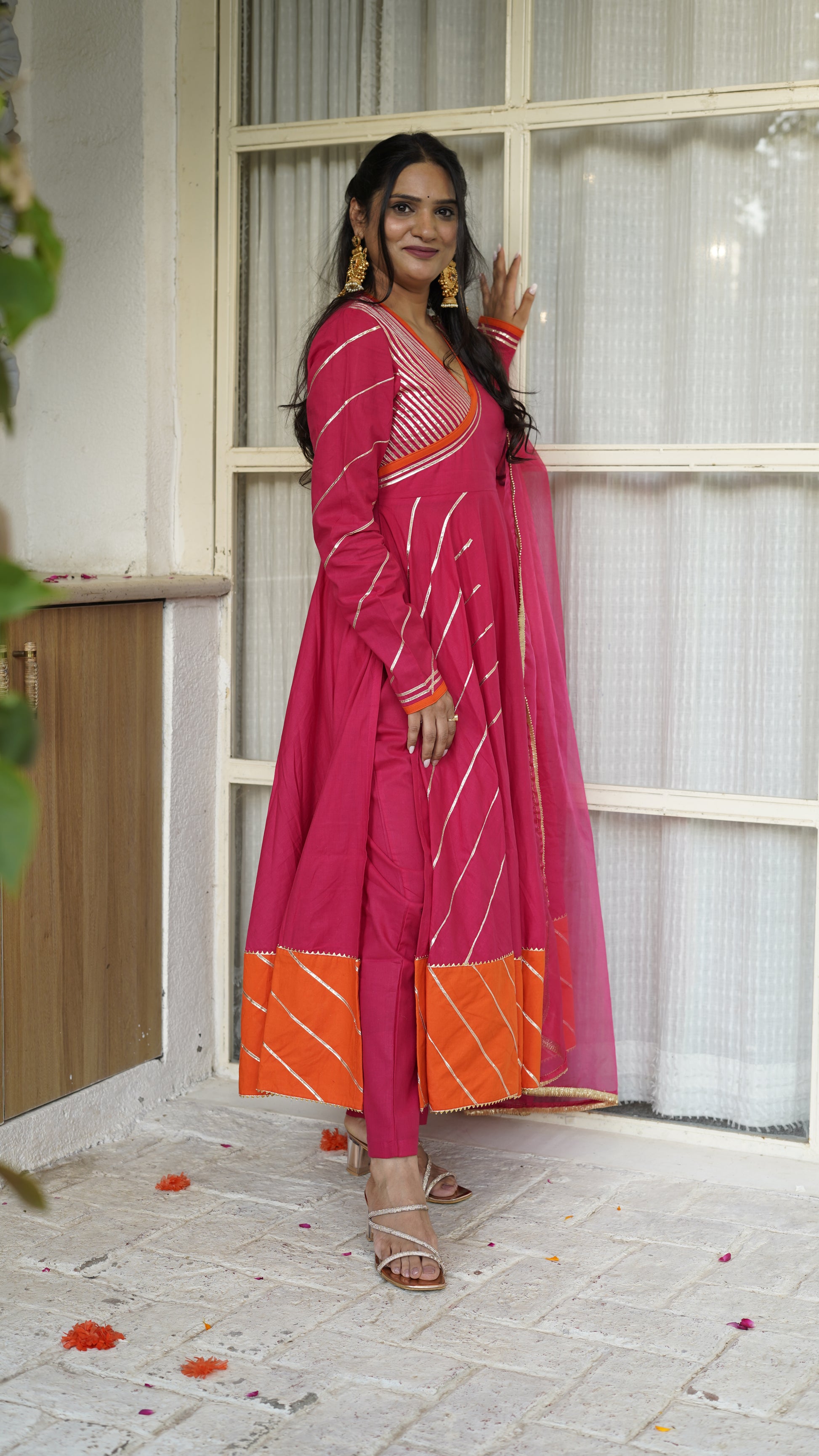 AHILYA Pink and Orange Side Slit Anarkali Set