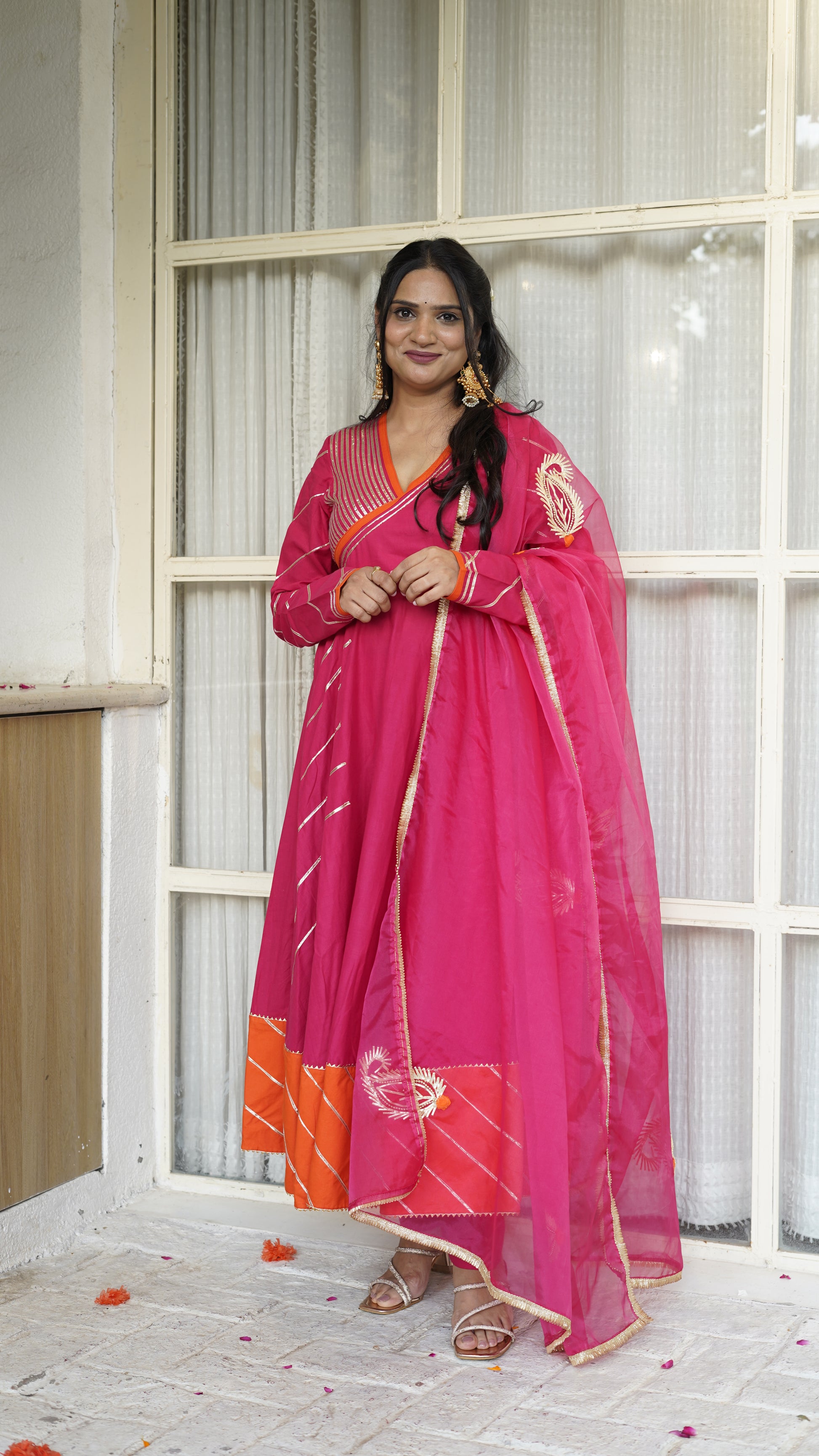 AHILYA Pink and Orange Side Slit Anarkali Set