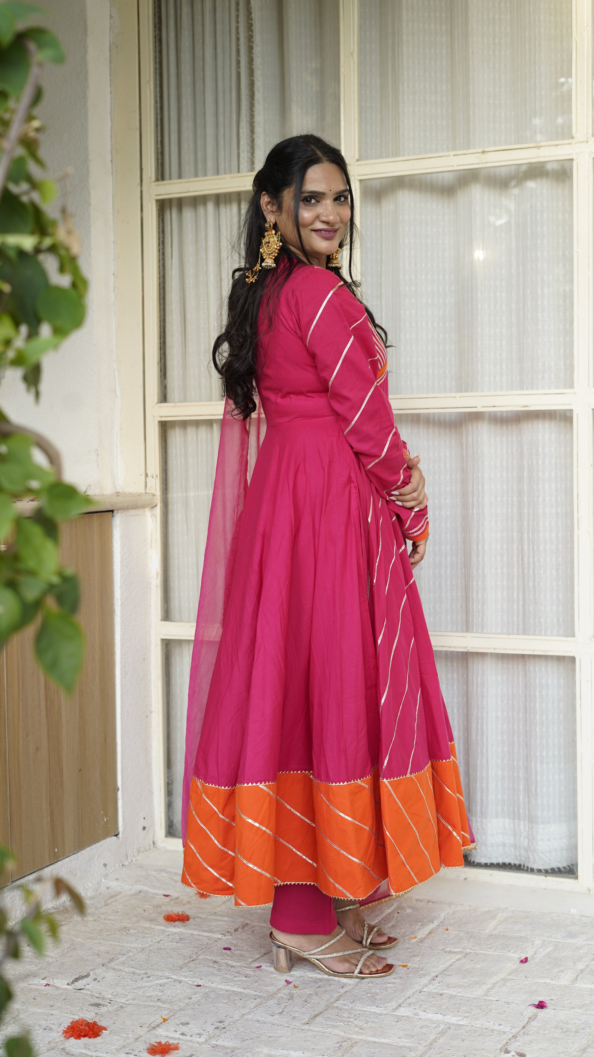 AHILYA Pink and Orange Side Slit Anarkali Set