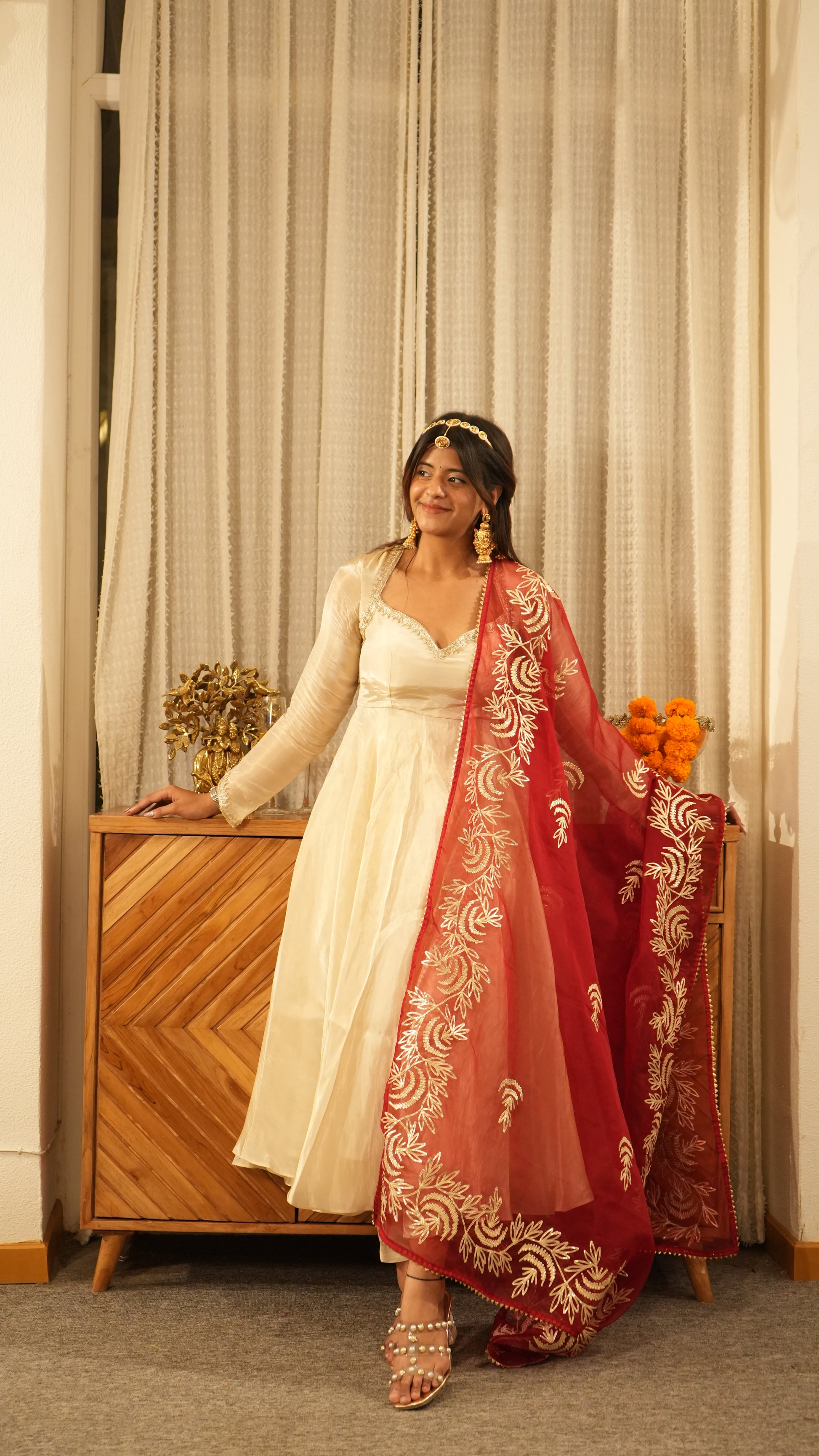 MEHRAAZ Ivory Gold Anarkali Set with Red Dupatta