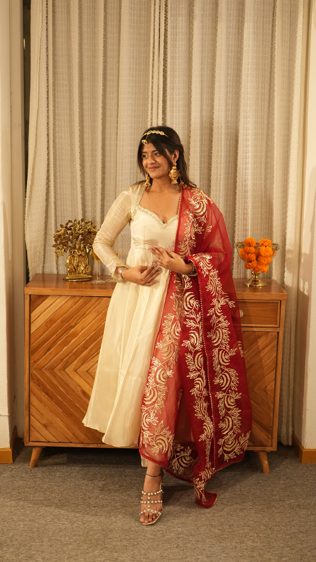MEHRAAZ Ivory Gold Anarkali Set with Red Dupatta