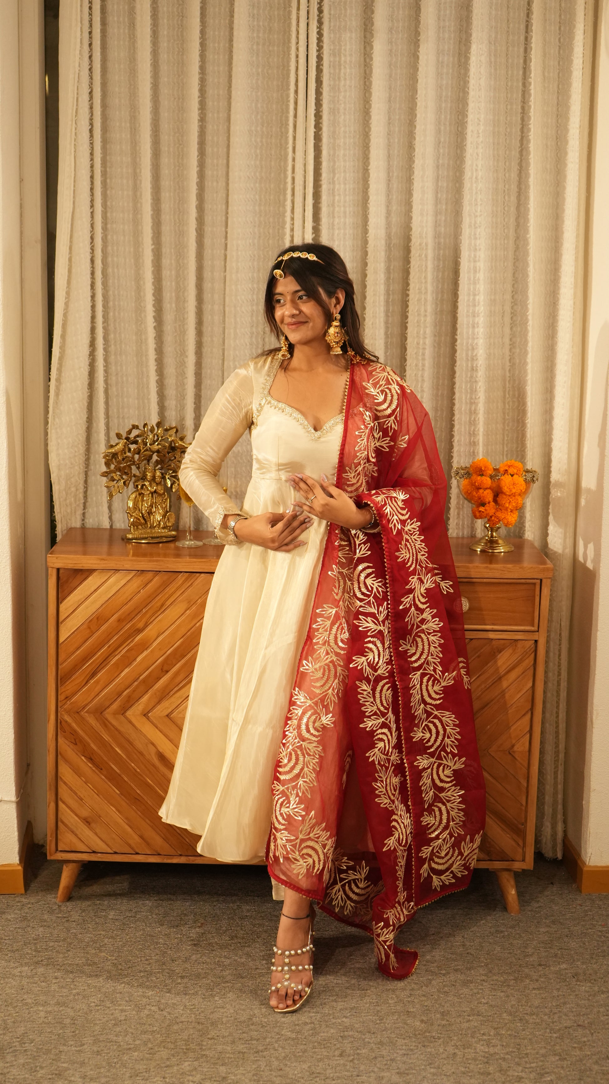 MEHRAAZ Ivory Gold Anarkali Set with Red Dupatta