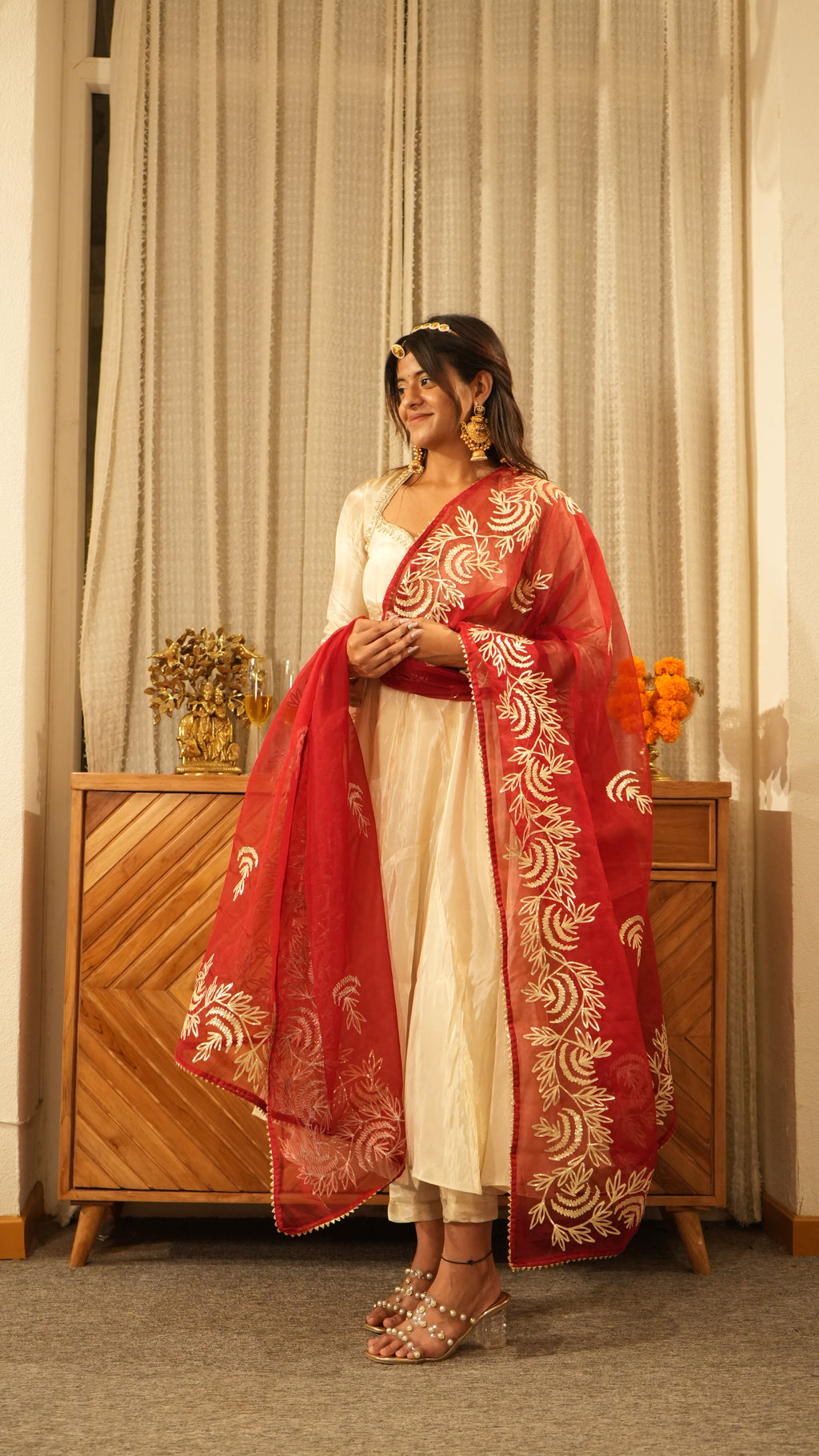 MEHRAAZ Ivory Gold Anarkali Set with Red Dupatta