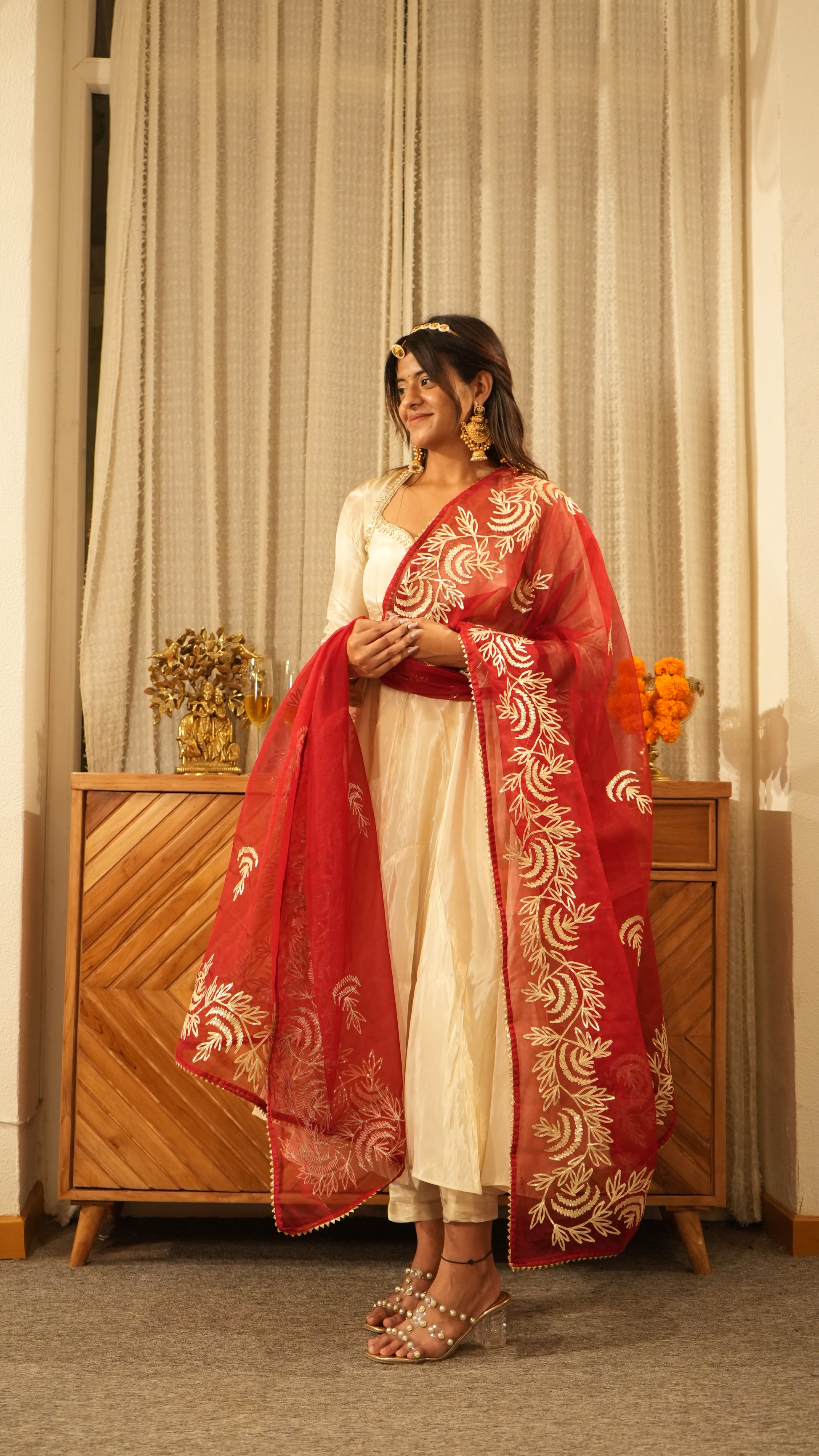 MEHRAAZ Ivory Gold Anarkali Set with Red Dupatta