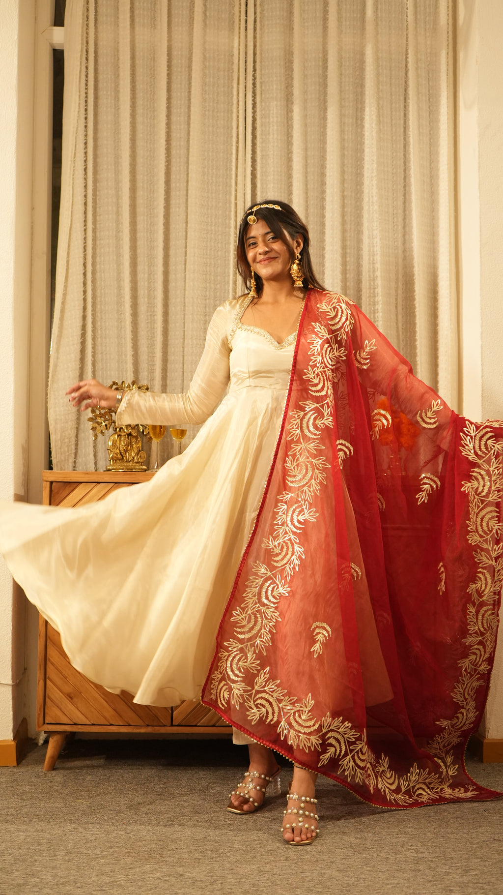 MEHRAAZ Ivory Gold Anarkali Set with Red Dupatta