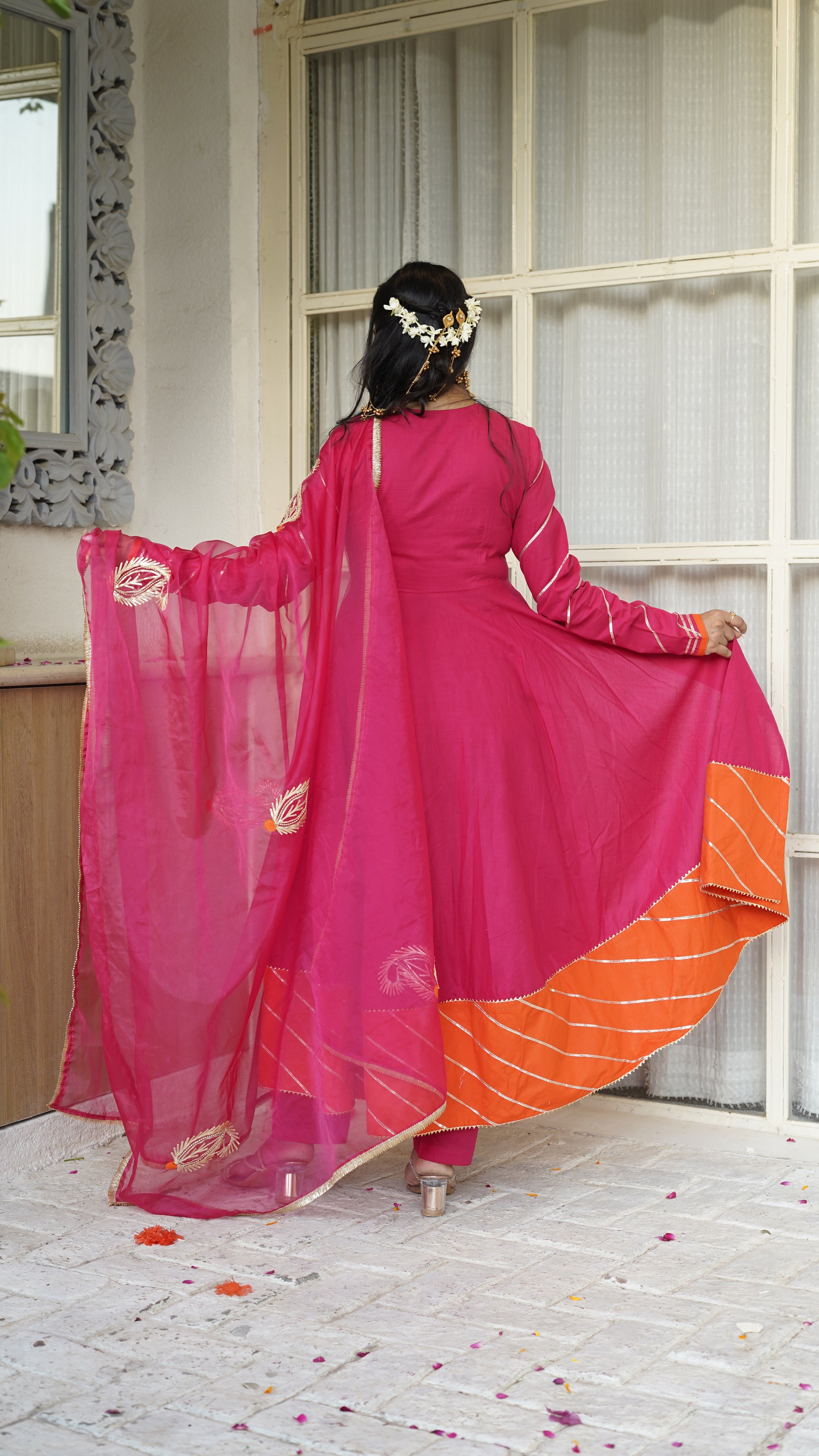 AHILYA Pink and Orange Side Slit Anarkali Set
