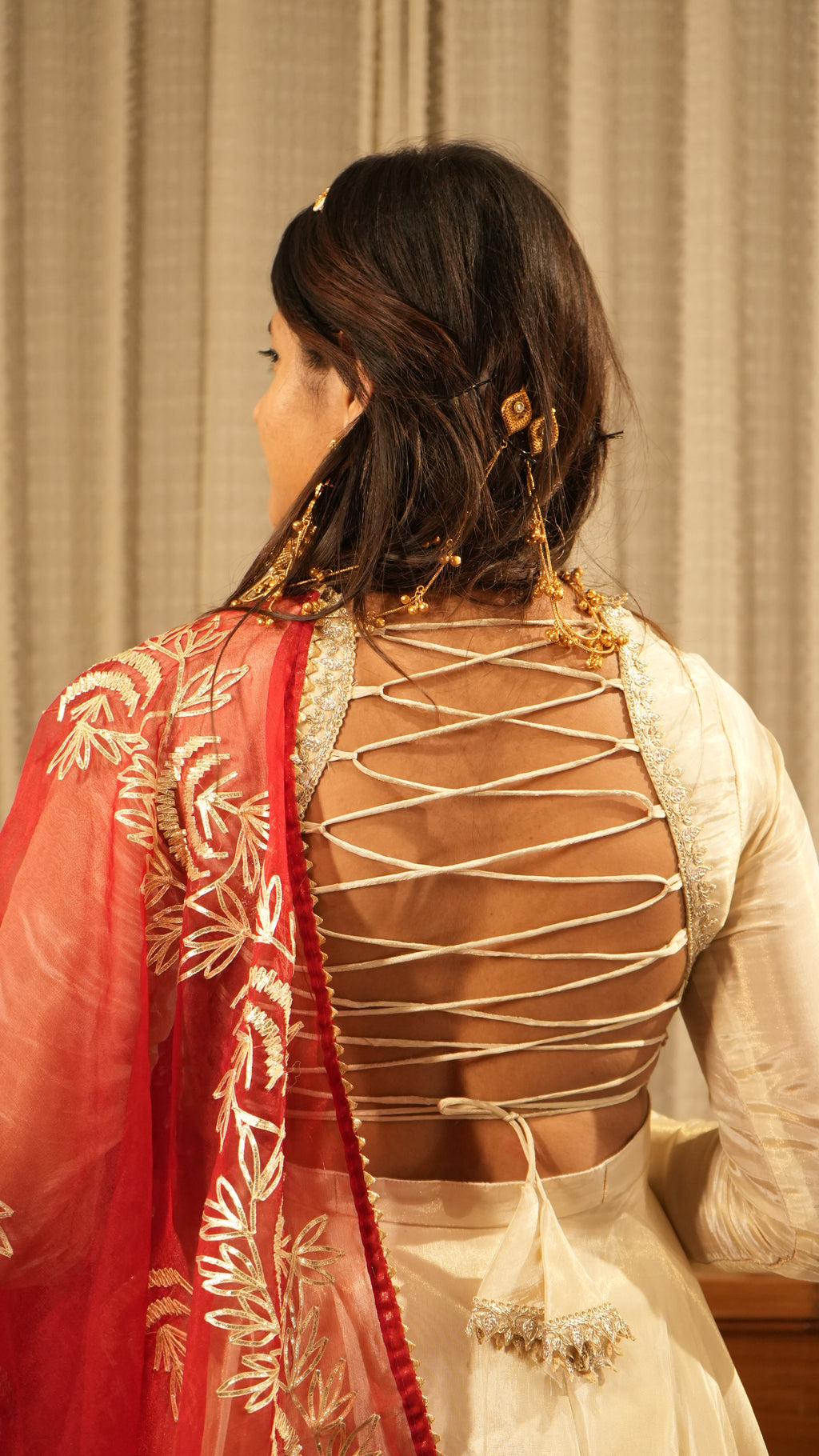 MEHRAAZ Ivory Gold Anarkali Set with Red Dupatta