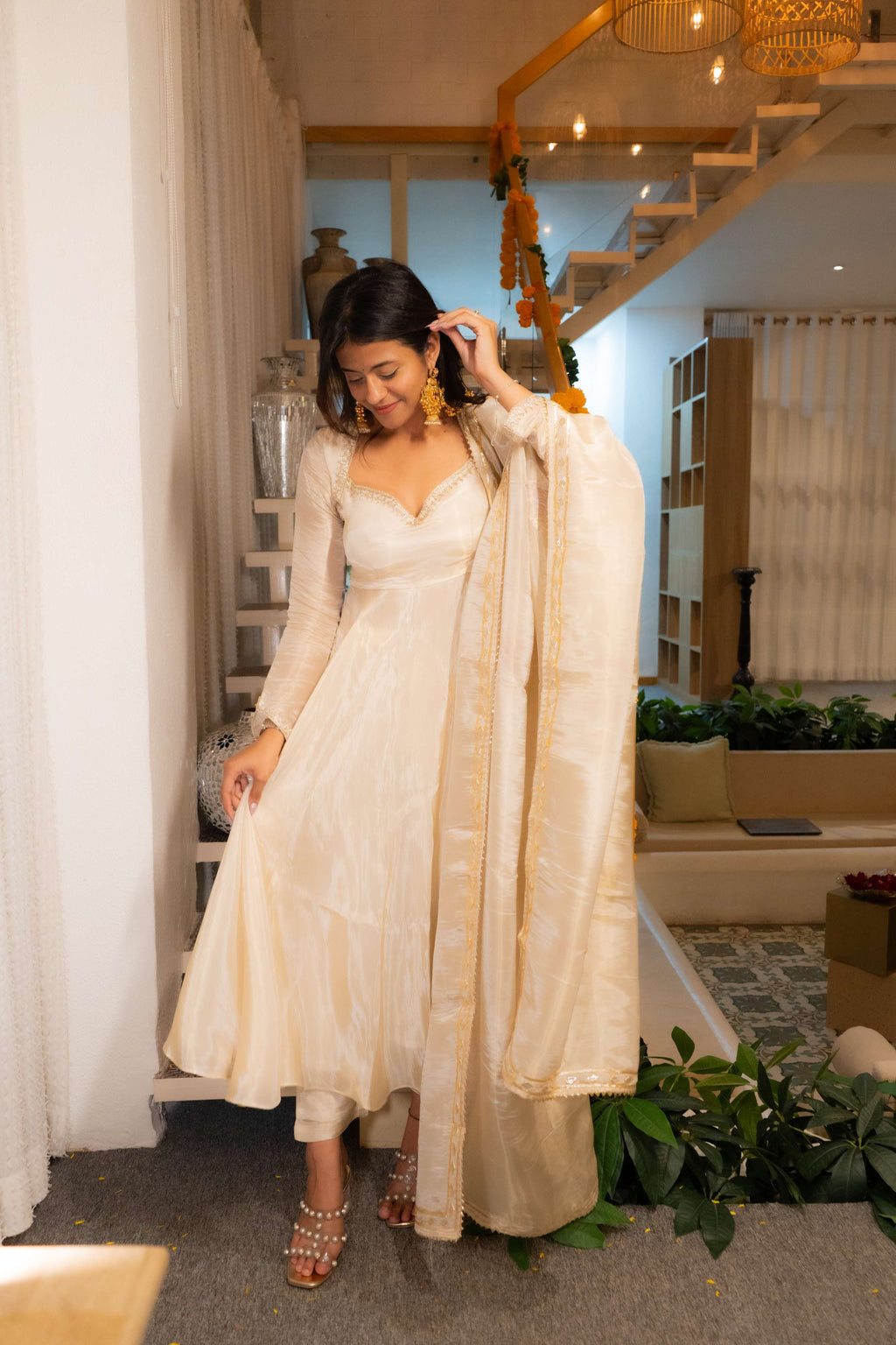 JAISAL Ivory Gold Anarkali Set with Ivory Dupatta