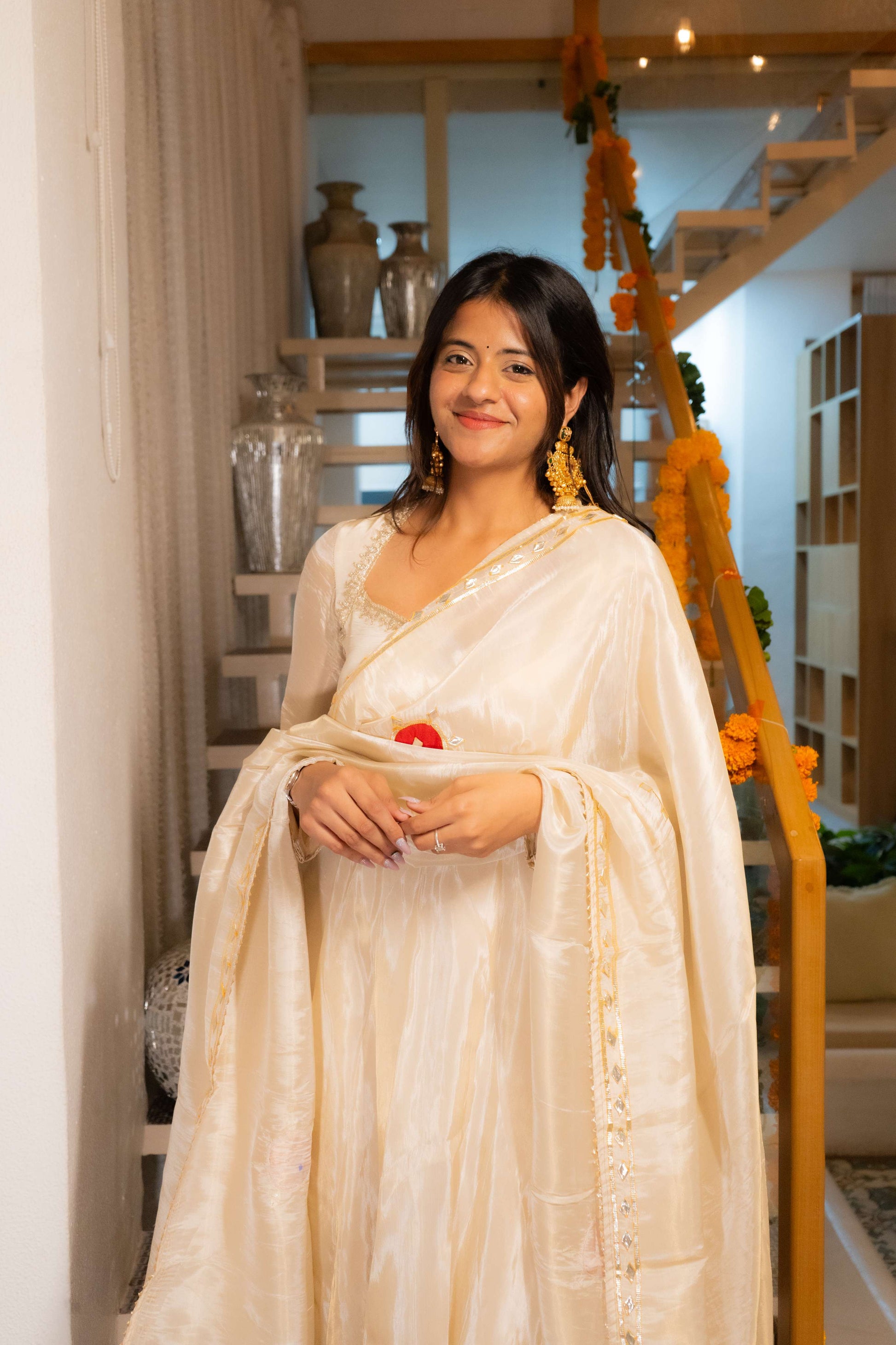 JAISAL Ivory Gold Anarkali Set with Ivory Dupatta