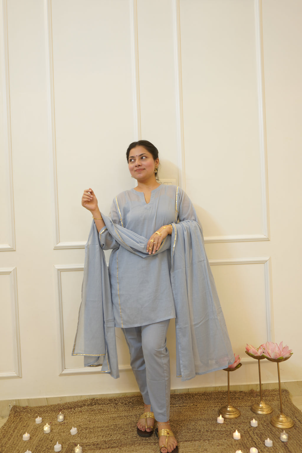 Moomal blue Mul Cotton 4-Piece Kurta Set with Dupatta