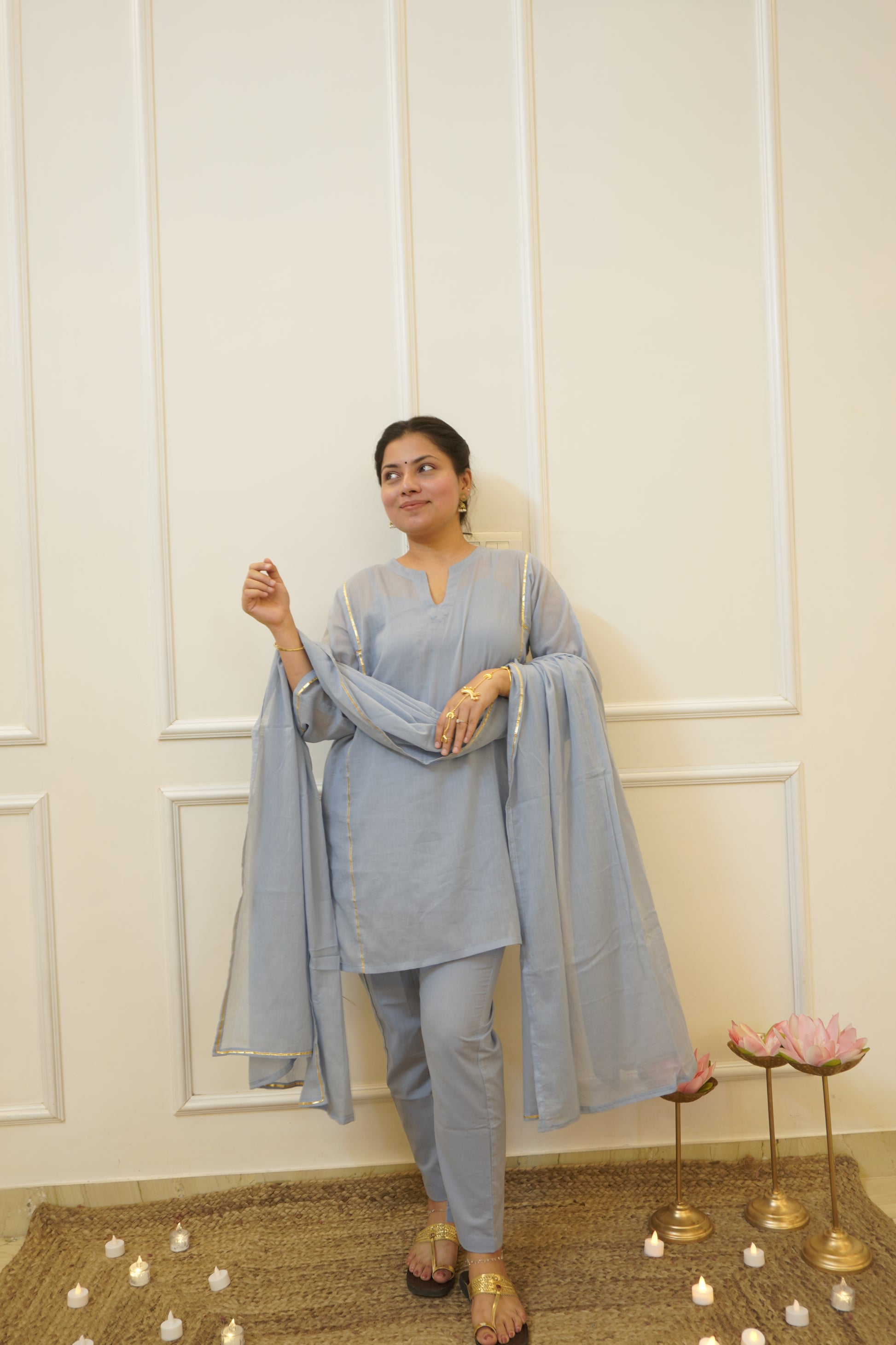 Moomal blue Mul Cotton 4-Piece Kurta Set with Dupatta