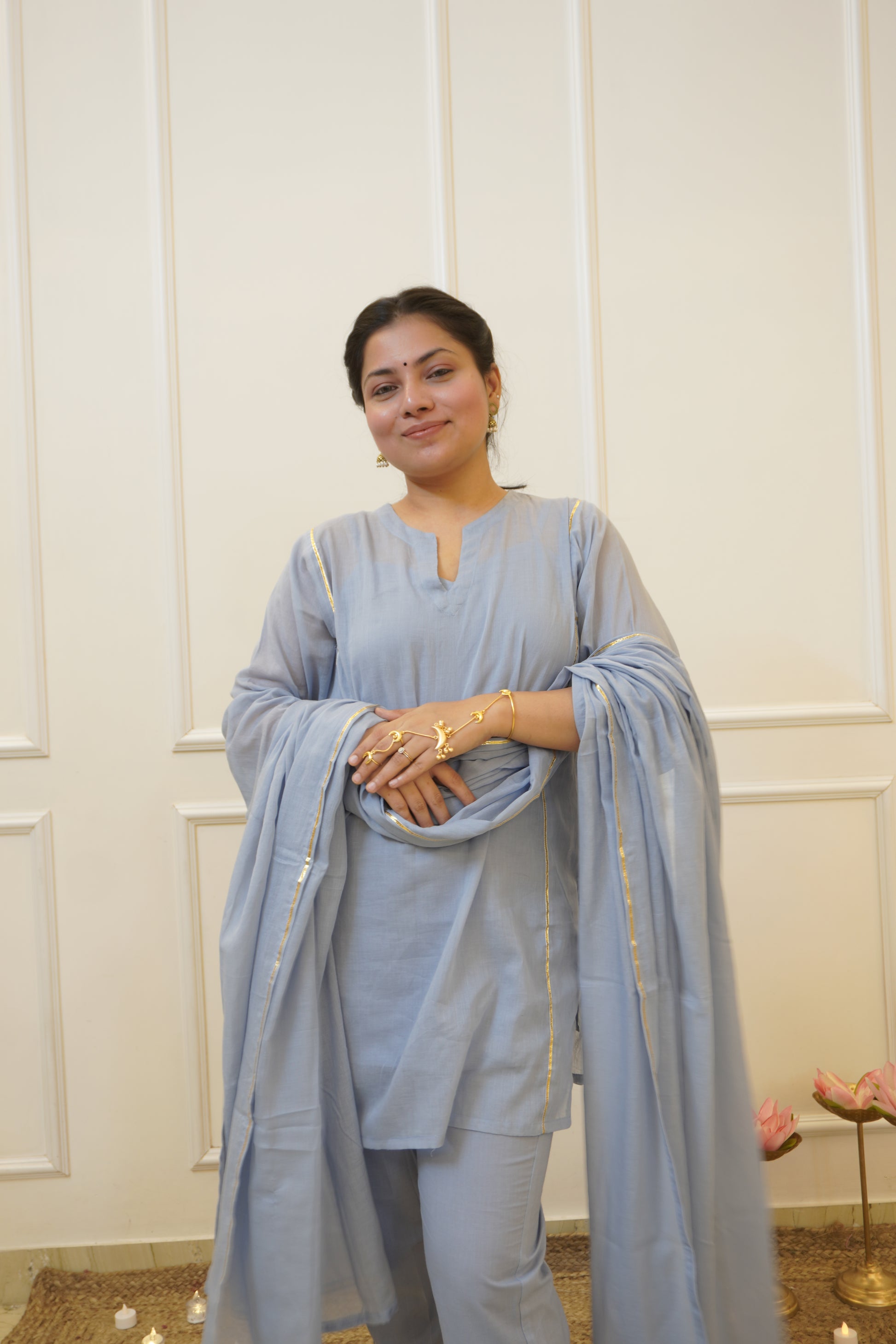 Moomal blue Mul Cotton 4-Piece Kurta Set with Dupatta