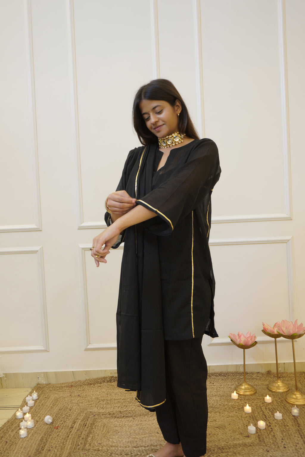 Moomal black Mul Cotton 4-Piece Kurta Set with Dupatta