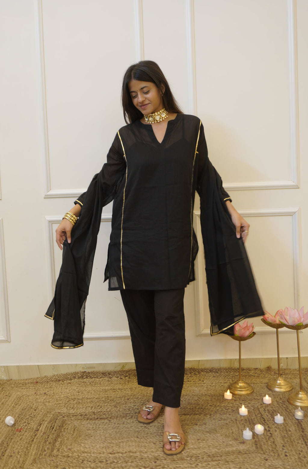 Moomal black Mul Cotton 4-Piece Kurta Set with Dupatta