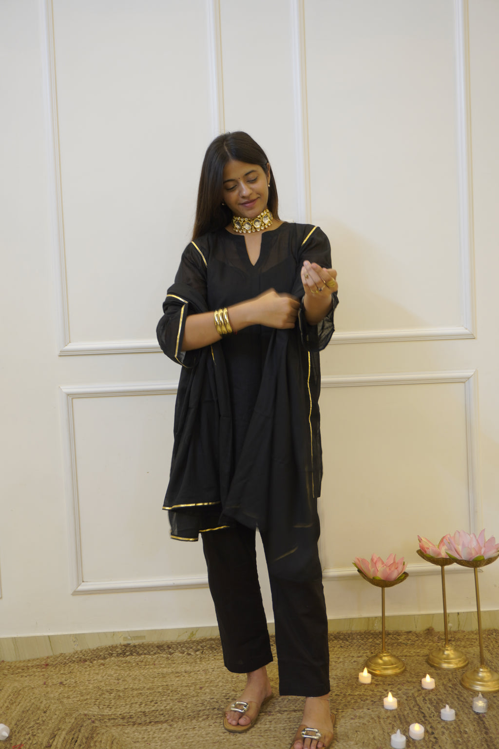 Moomal black Mul Cotton 4-Piece Kurta Set with Dupatta