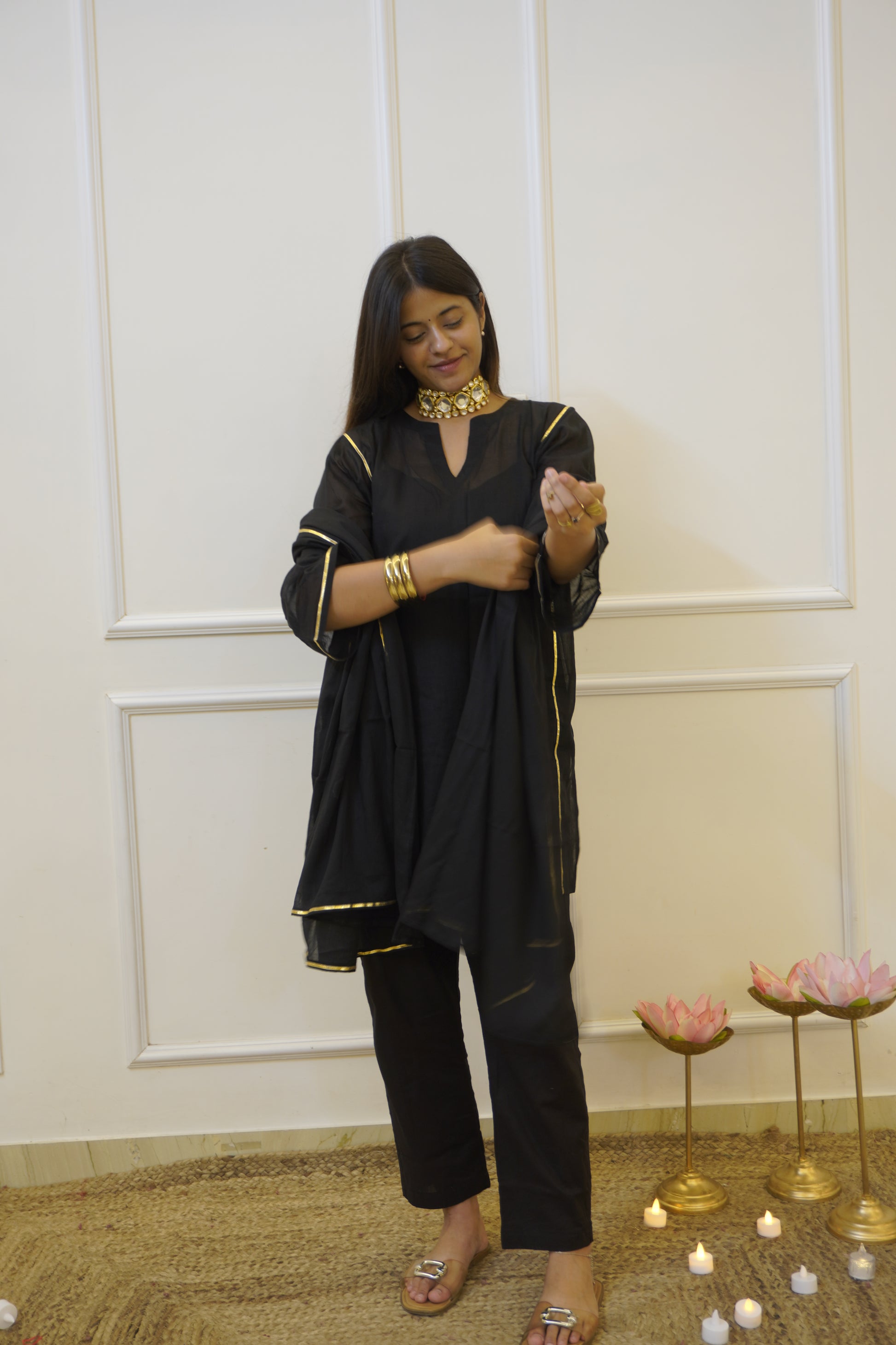 Moomal black Mul Cotton 4-Piece Kurta Set with Dupatta