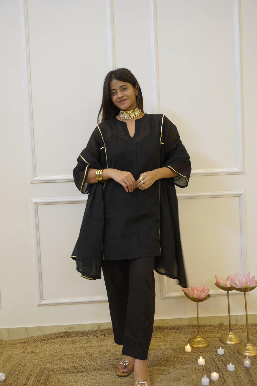 Moomal black Mul Cotton 4-Piece Kurta Set with Dupatta