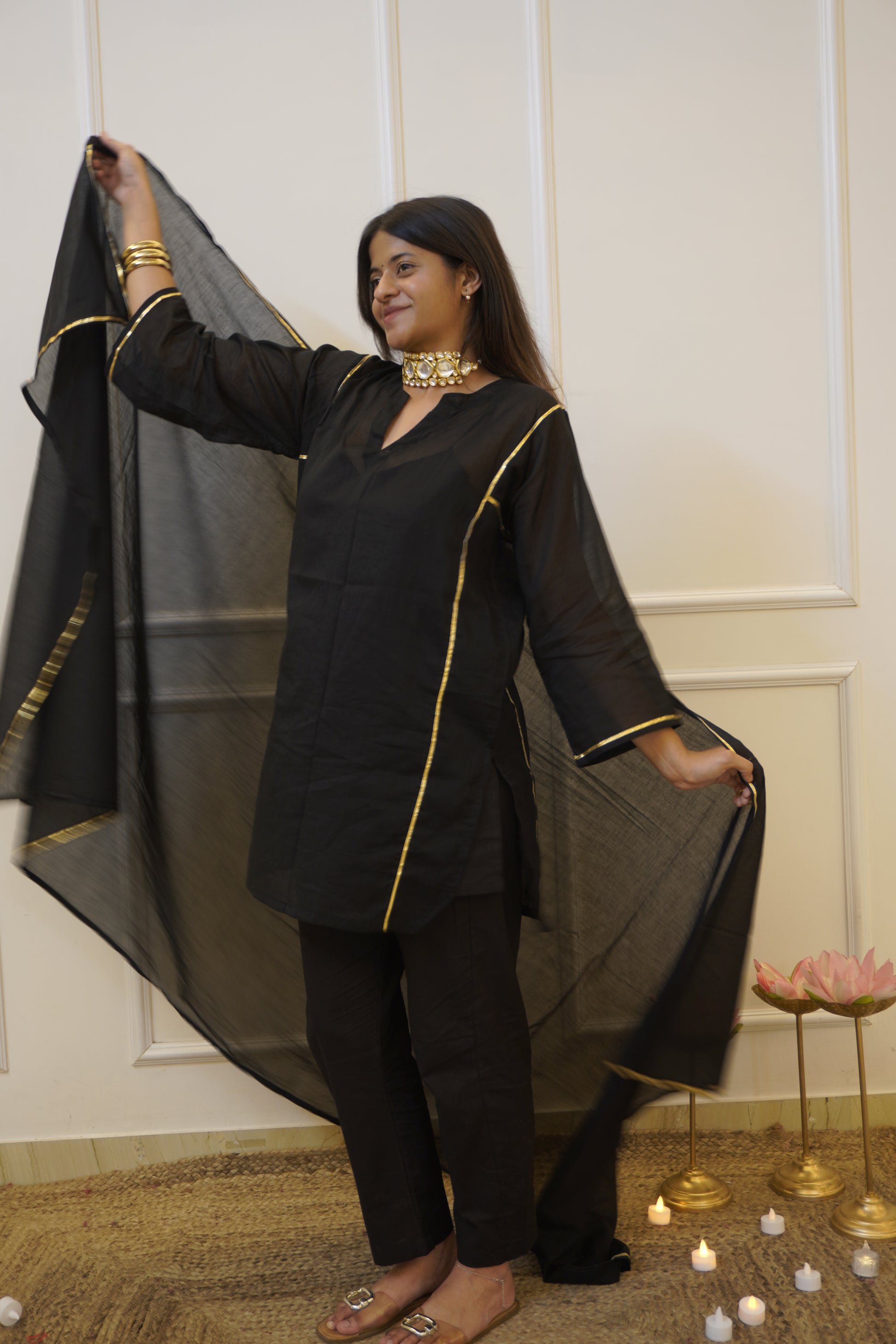 Moomal black Mul Cotton 4-Piece Kurta Set with Dupatta