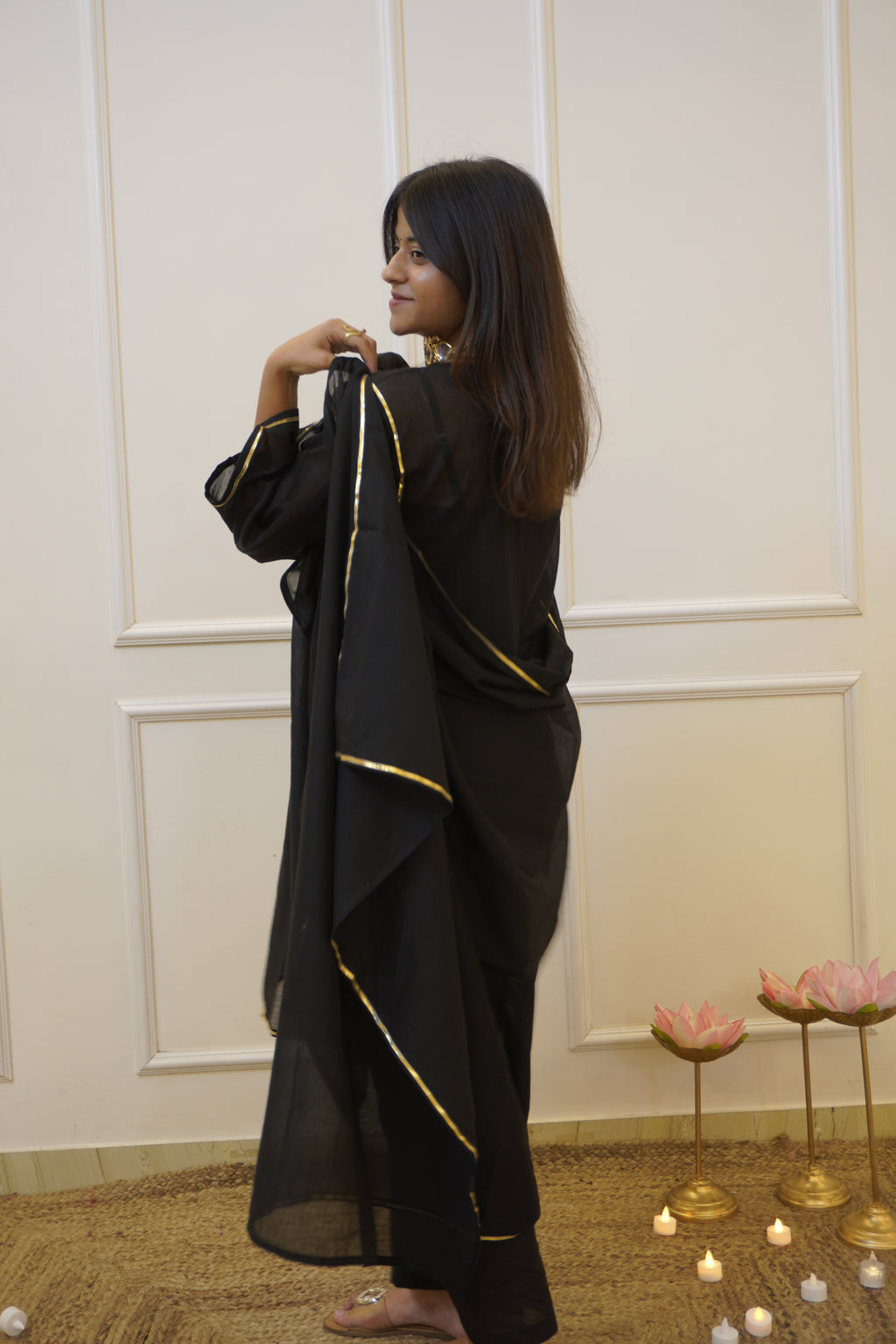 Moomal black Mul Cotton 4-Piece Kurta Set with Dupatta