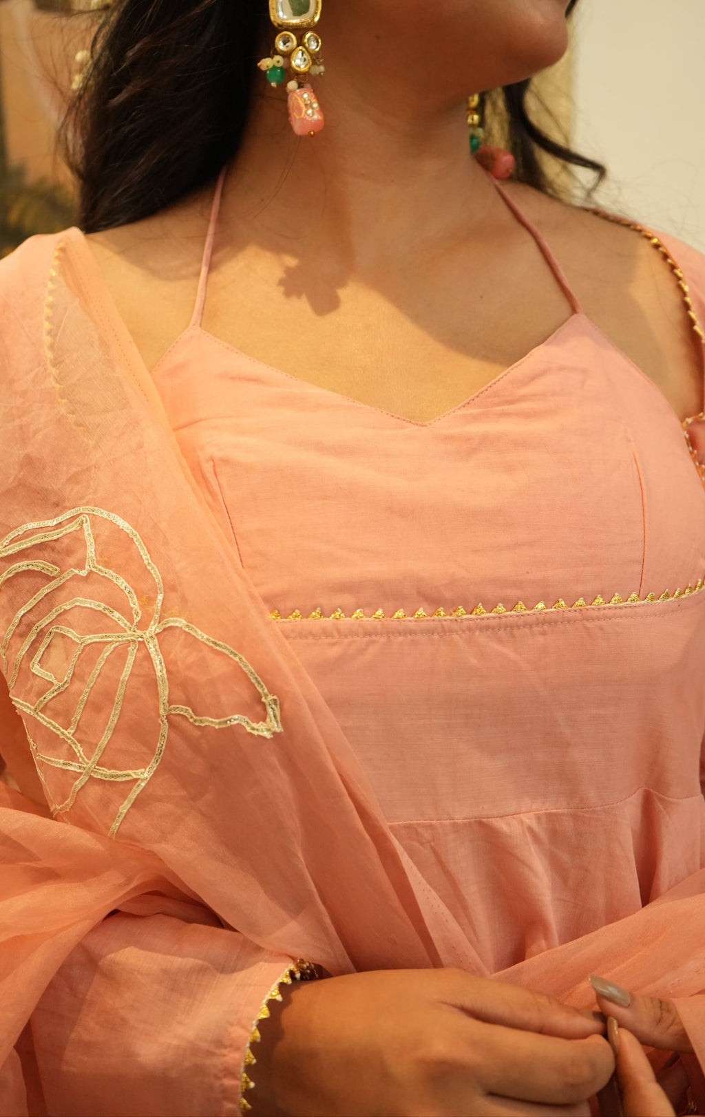 NOORANI Light Pink Mul Chanderi Kanchli Style Kurta Set