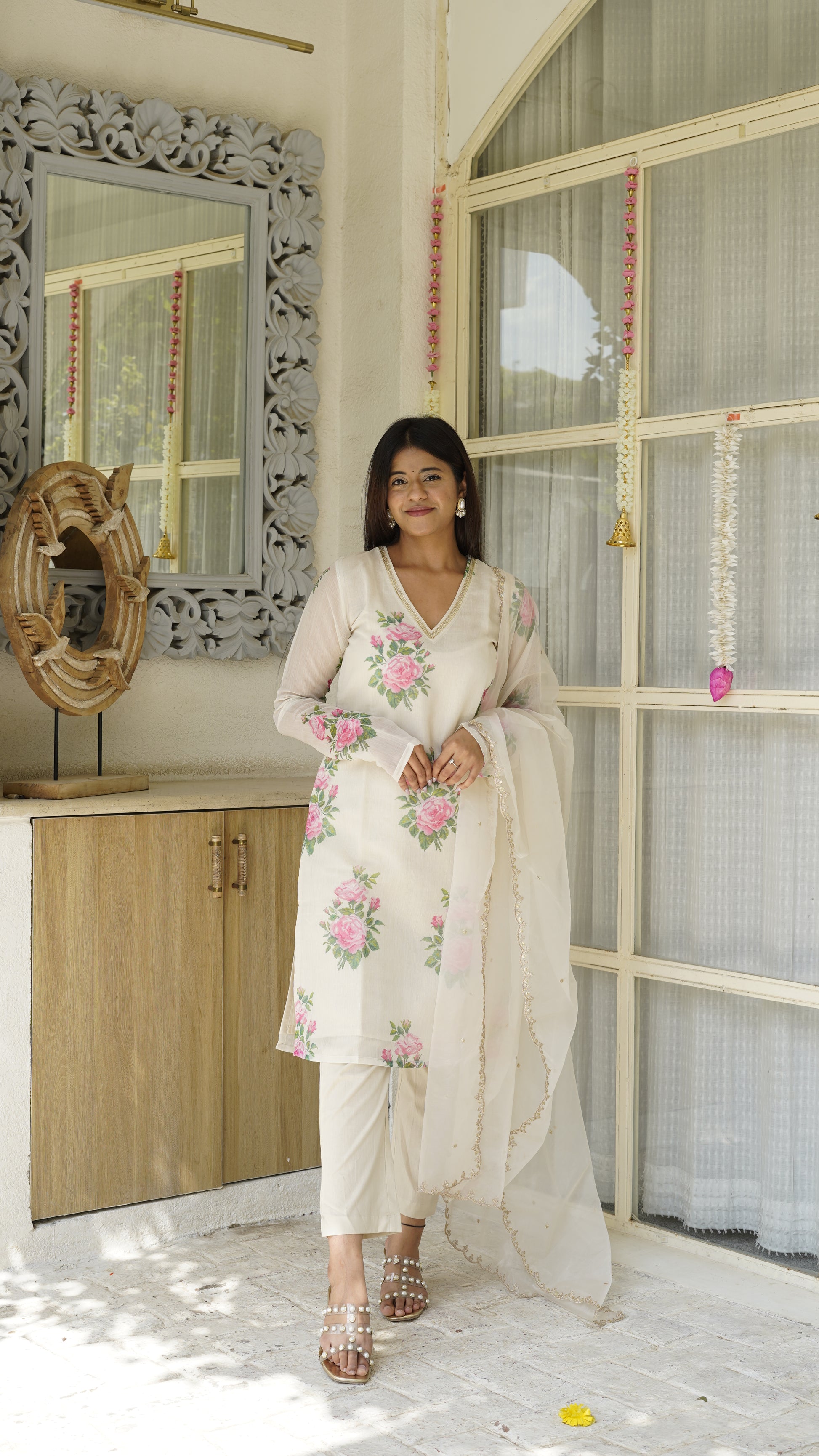 UDAIRI Beige V-neck Floral Straight Kurta Set
