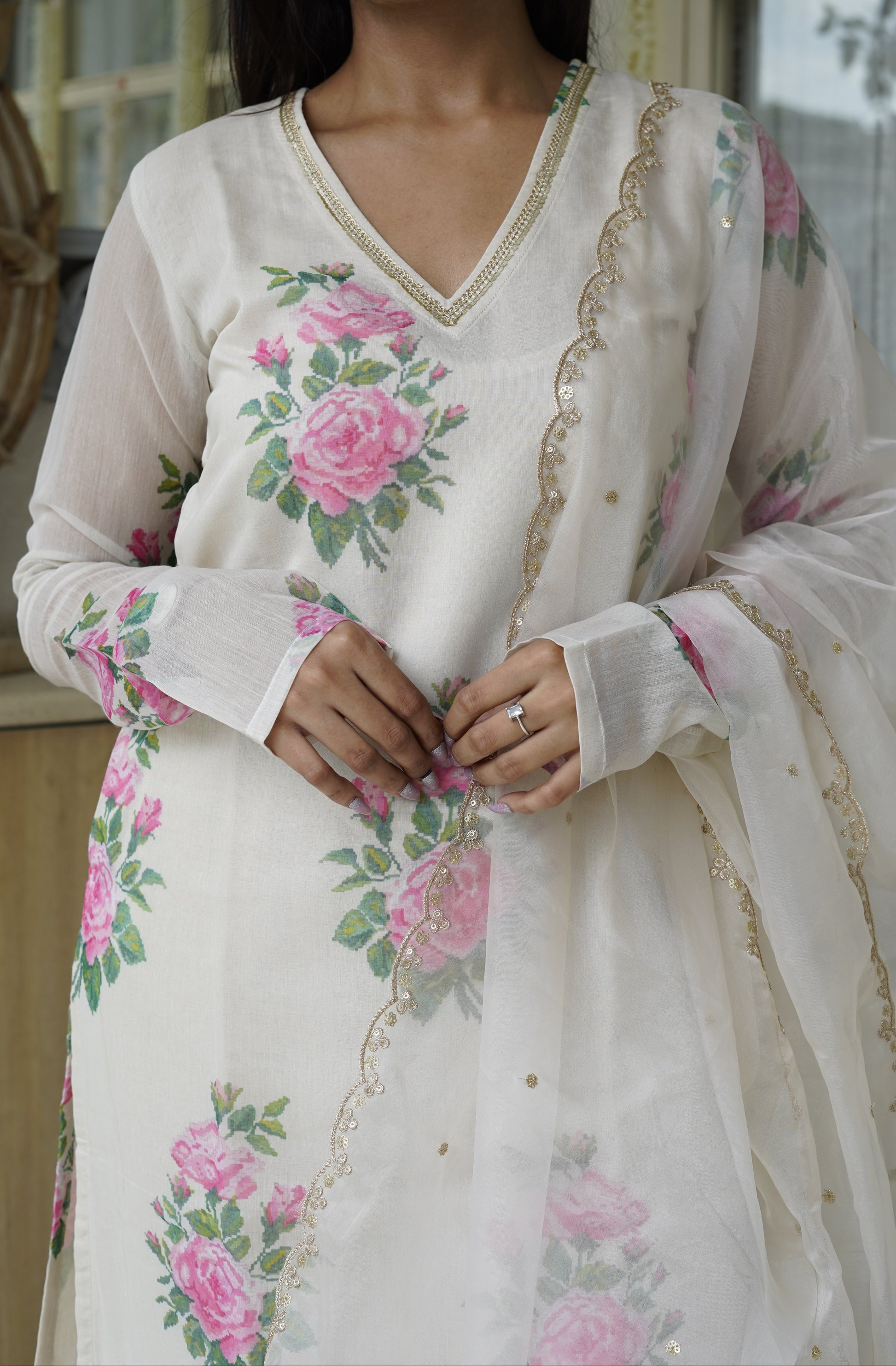 UDAIRI Beige V-neck Floral Straight Kurta Set