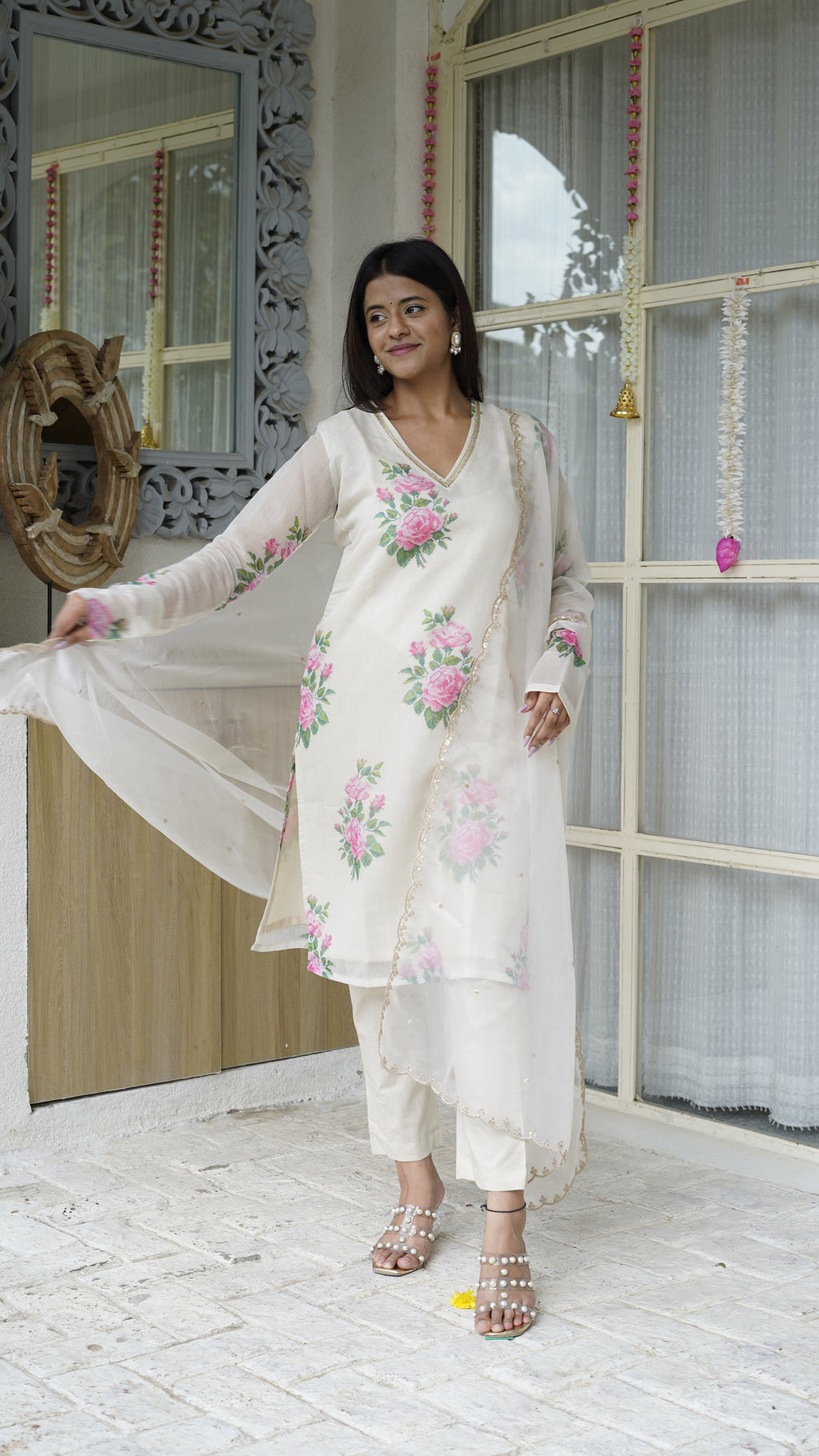 UDAIRI Beige V-neck Floral Straight Kurta Set
