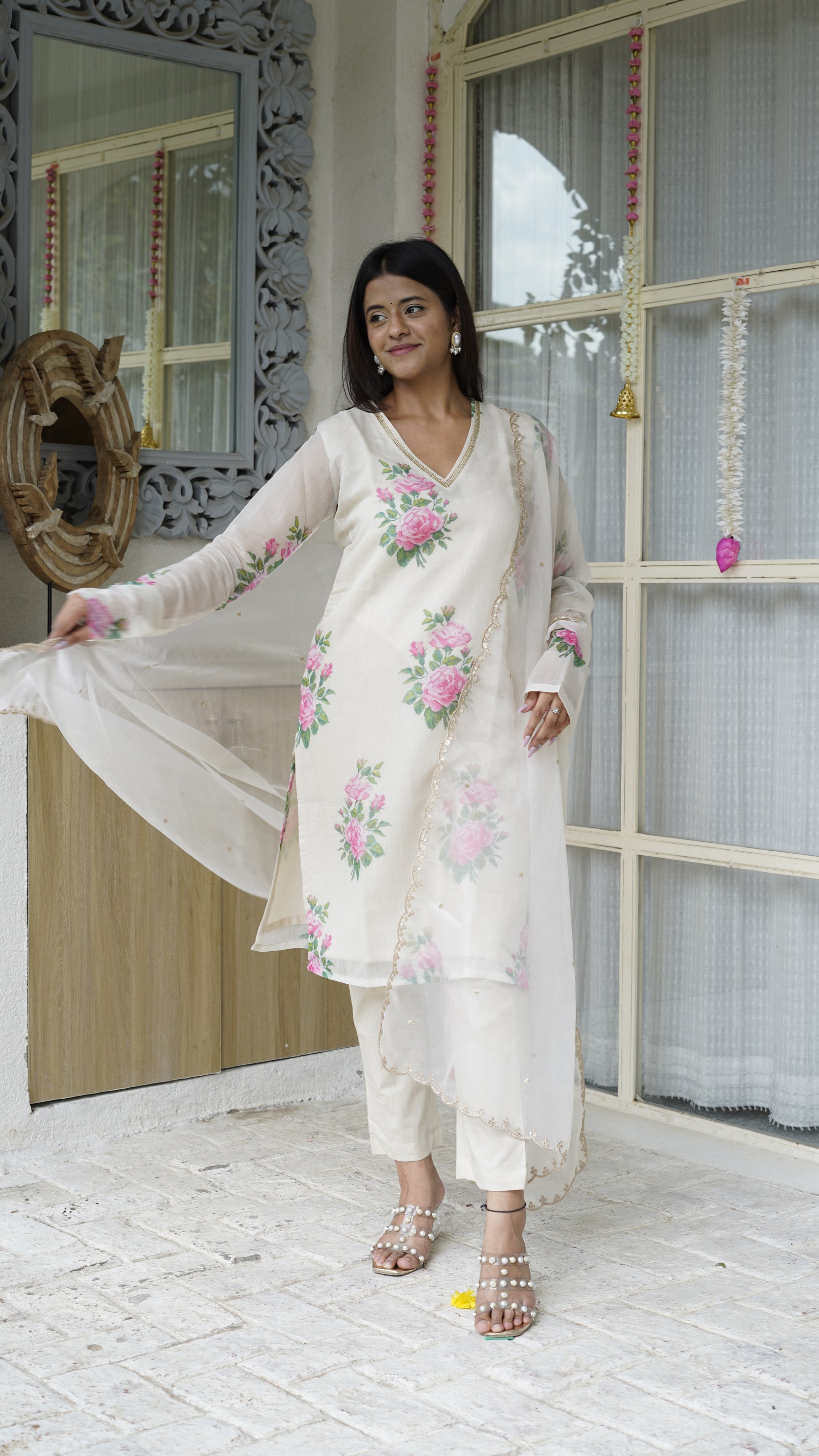 UDAIRI Beige V-neck Floral Straight Kurta Set