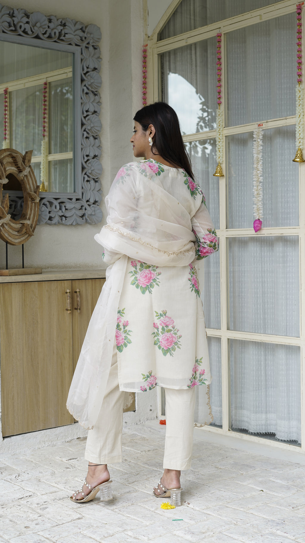 UDAIRI Beige V-neck Floral Straight Kurta Set