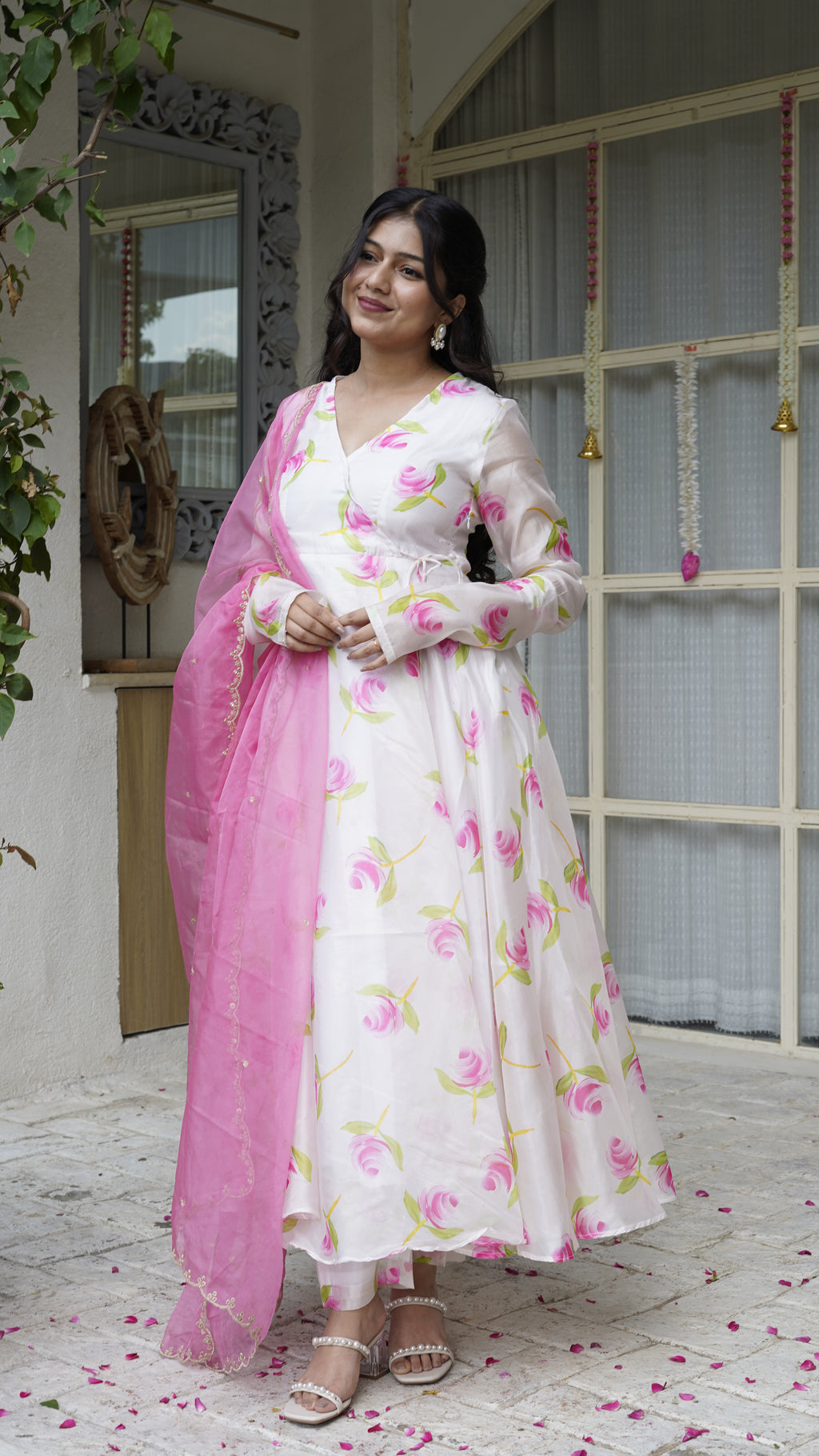 ROSETTE White Floral Angrakha Anarkali Set