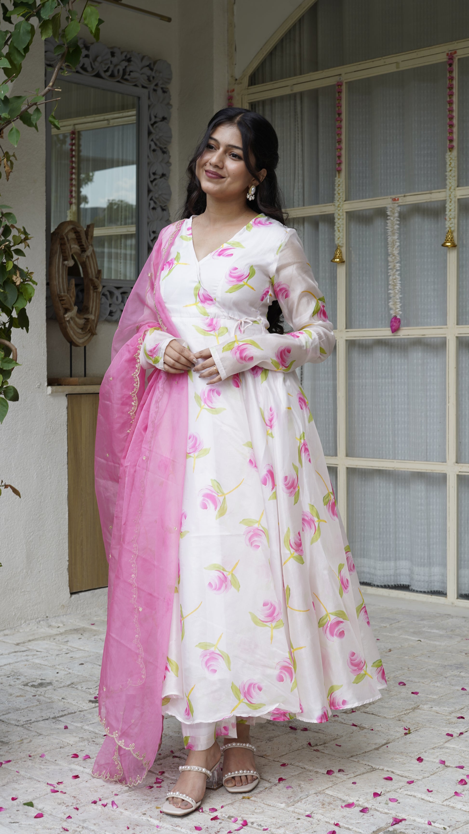 ROSETTE White Floral Angrakha Anarkali Set